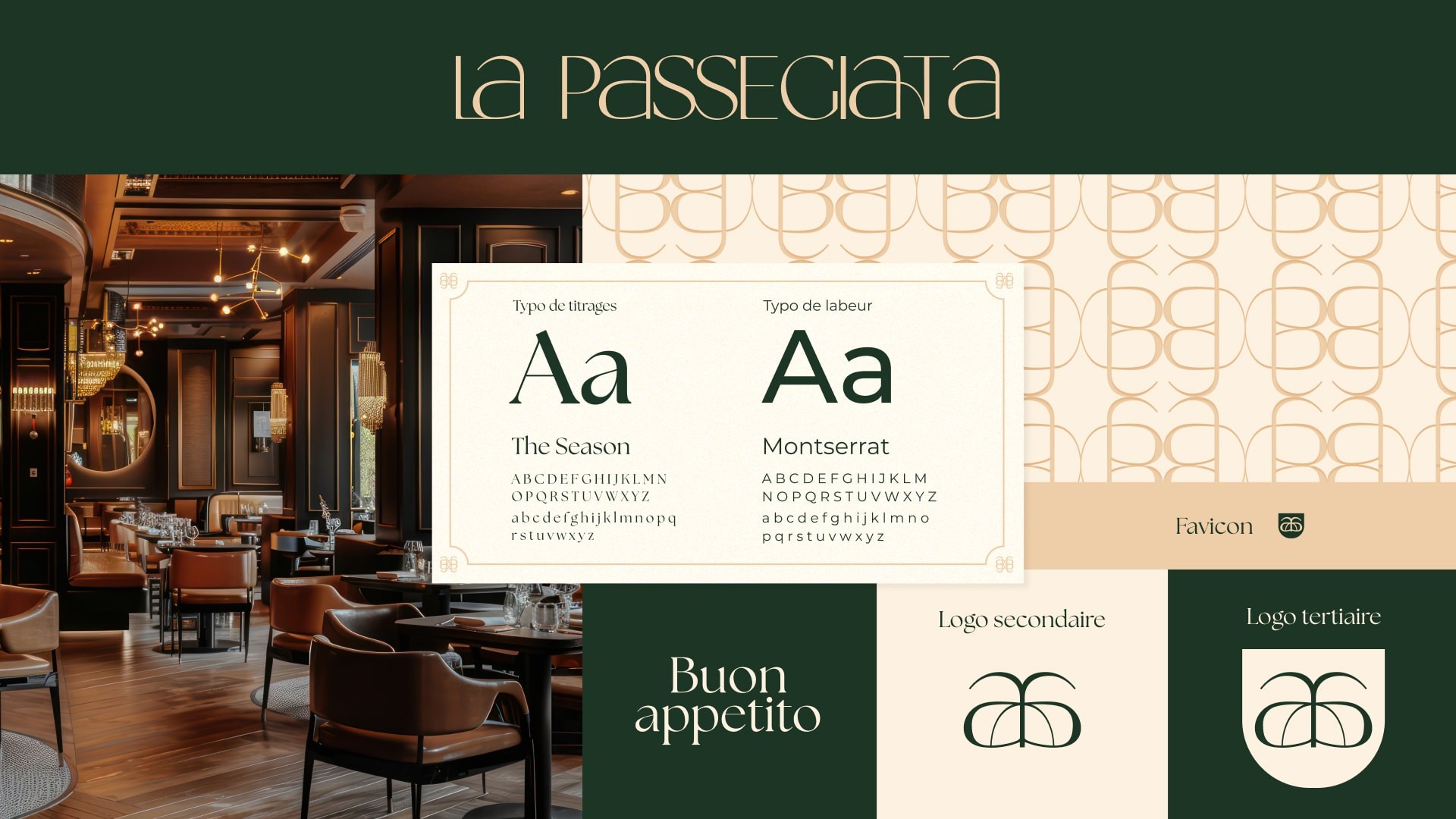 Charte graphique de La Passegiata, coloris vert profond, beige et ocre. Détails raffinés, typographie luxueuse.