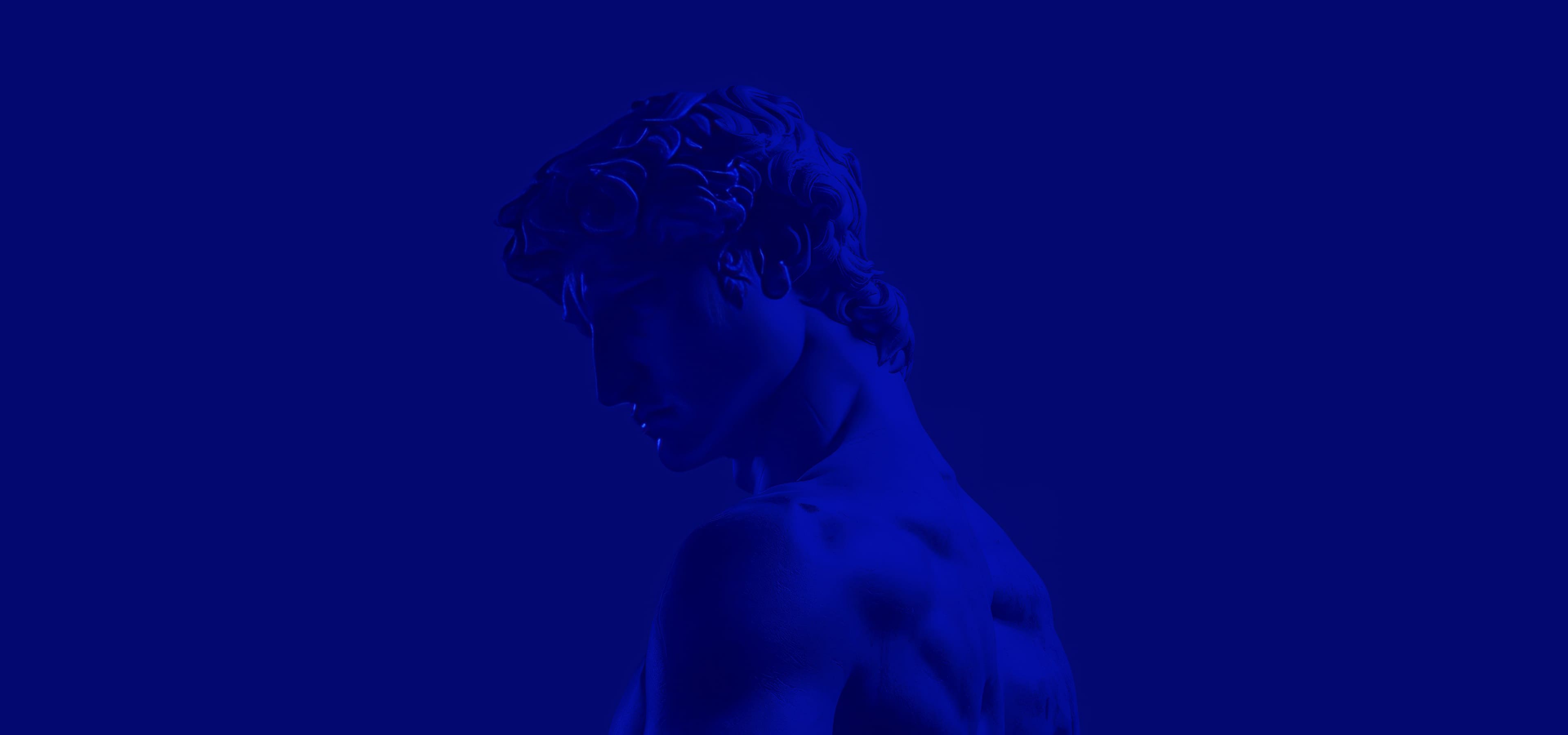 Silhouette of the famous David statue in a blue-toned background, showing a side profile of the head and shoulders.