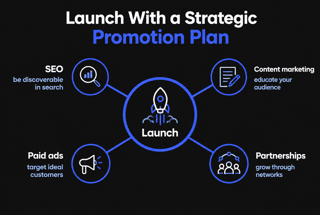 Infographic of a SaaS launch promotion plan: SEO, content marketing, paid ads and partnerships around a launch rocket