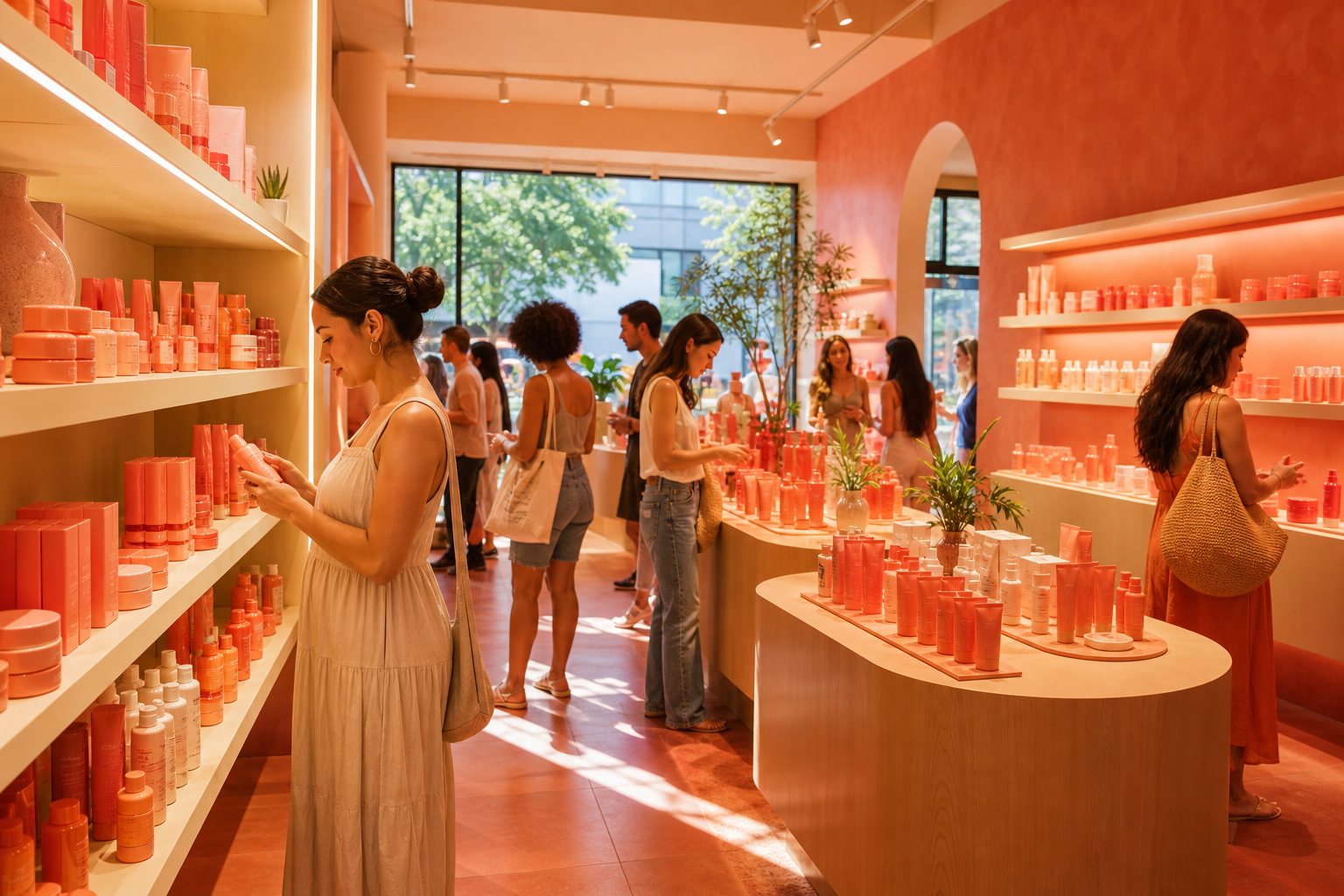 Interior of a peach-toned beauty store, shoppers browsing shelves of coral skincare packaging