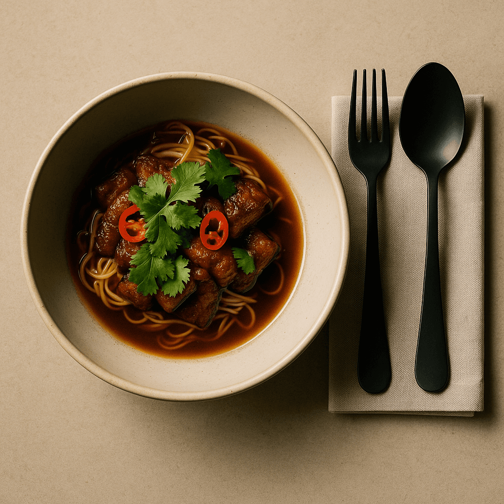 Overhead view of a modern Asian noodle dish in a ceramic bowl with matte-black cutlery and linen napkin — realistic top-down food photography for restaurant branding