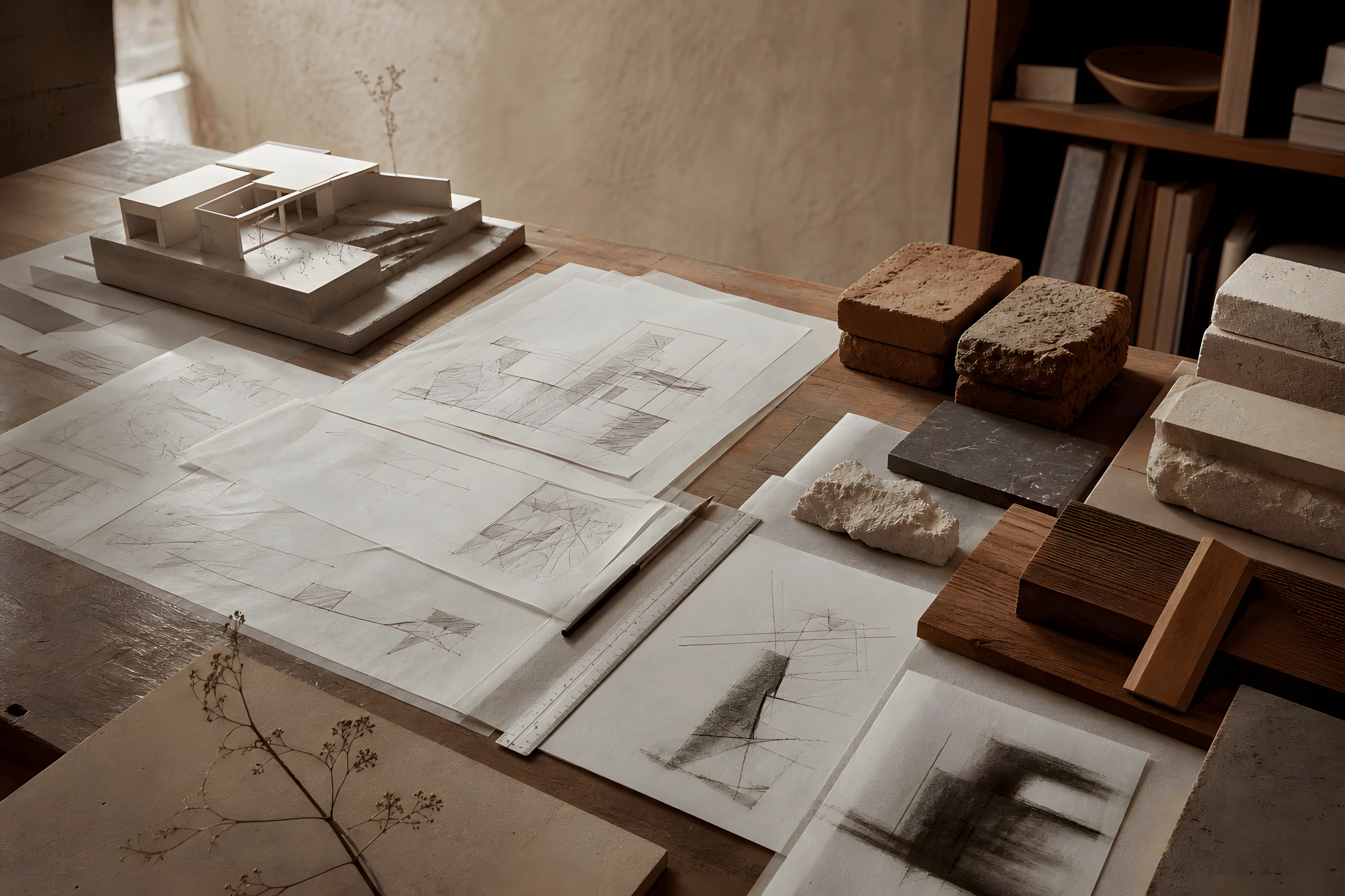 Architecture studio working table with models, drawings, and material samples