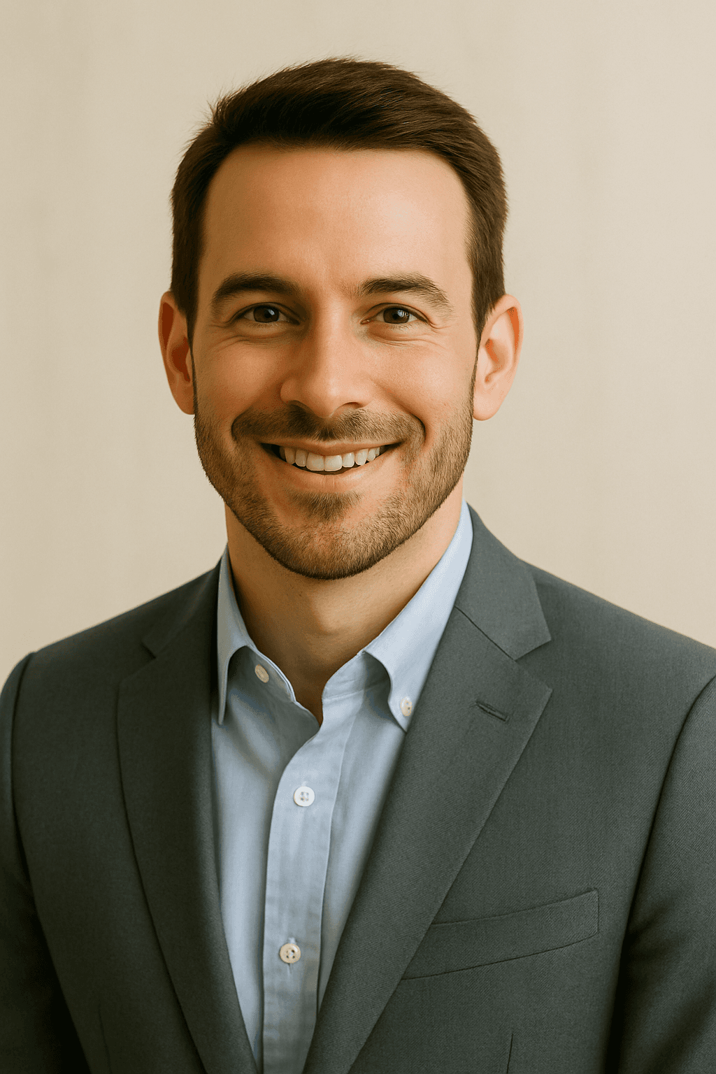 man in a gray suit and light blue shirt, smiling confidently in front of a neutral background