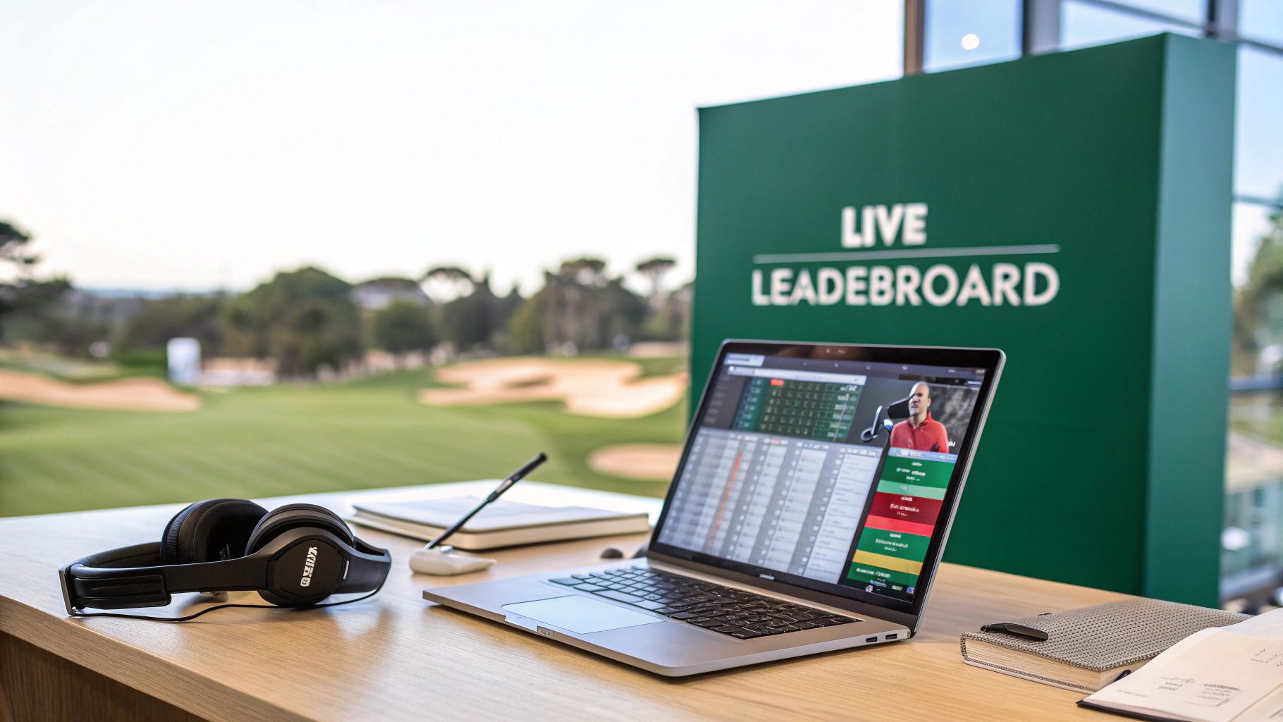 A laptop on a wooden desk shows a live golf leaderboard and video, with headphones, overlooking a golf course and a 