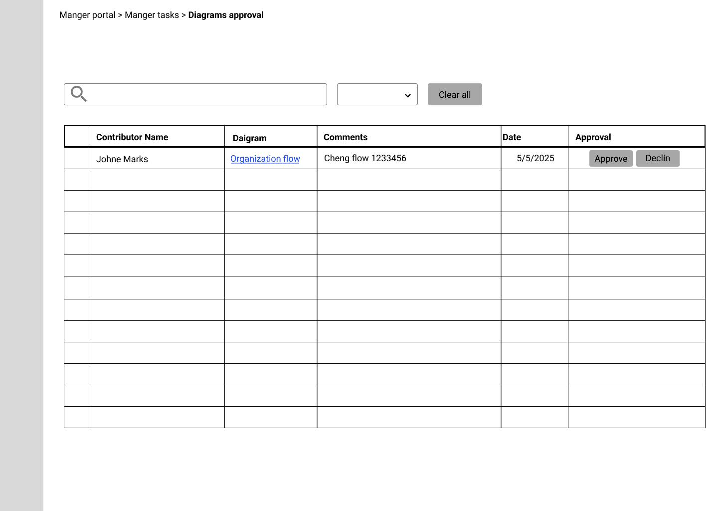 Wireframe of the approval list with a side panel opened on the right, previewing the diagram and a remarks field.