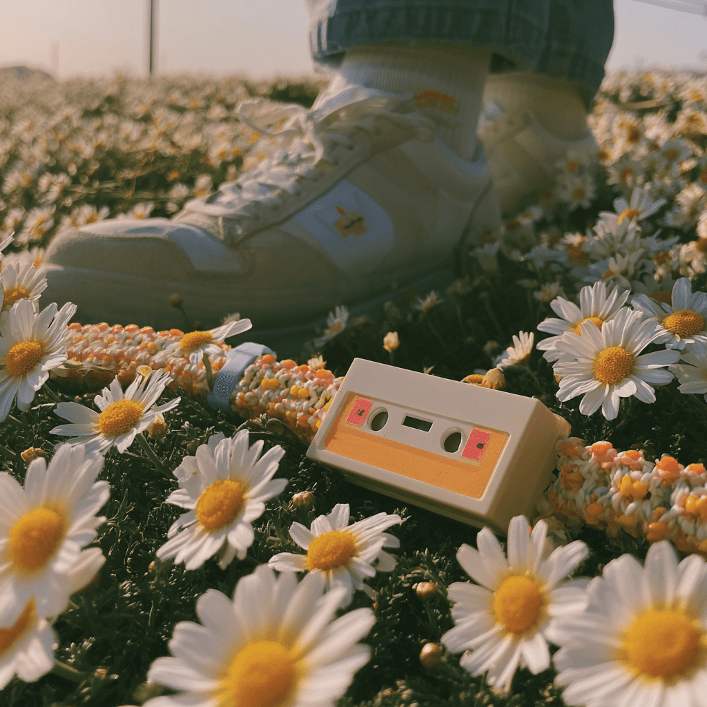 A close-up of white sneakers and a vintage cassette tape resting in a sunlit field of daisies.