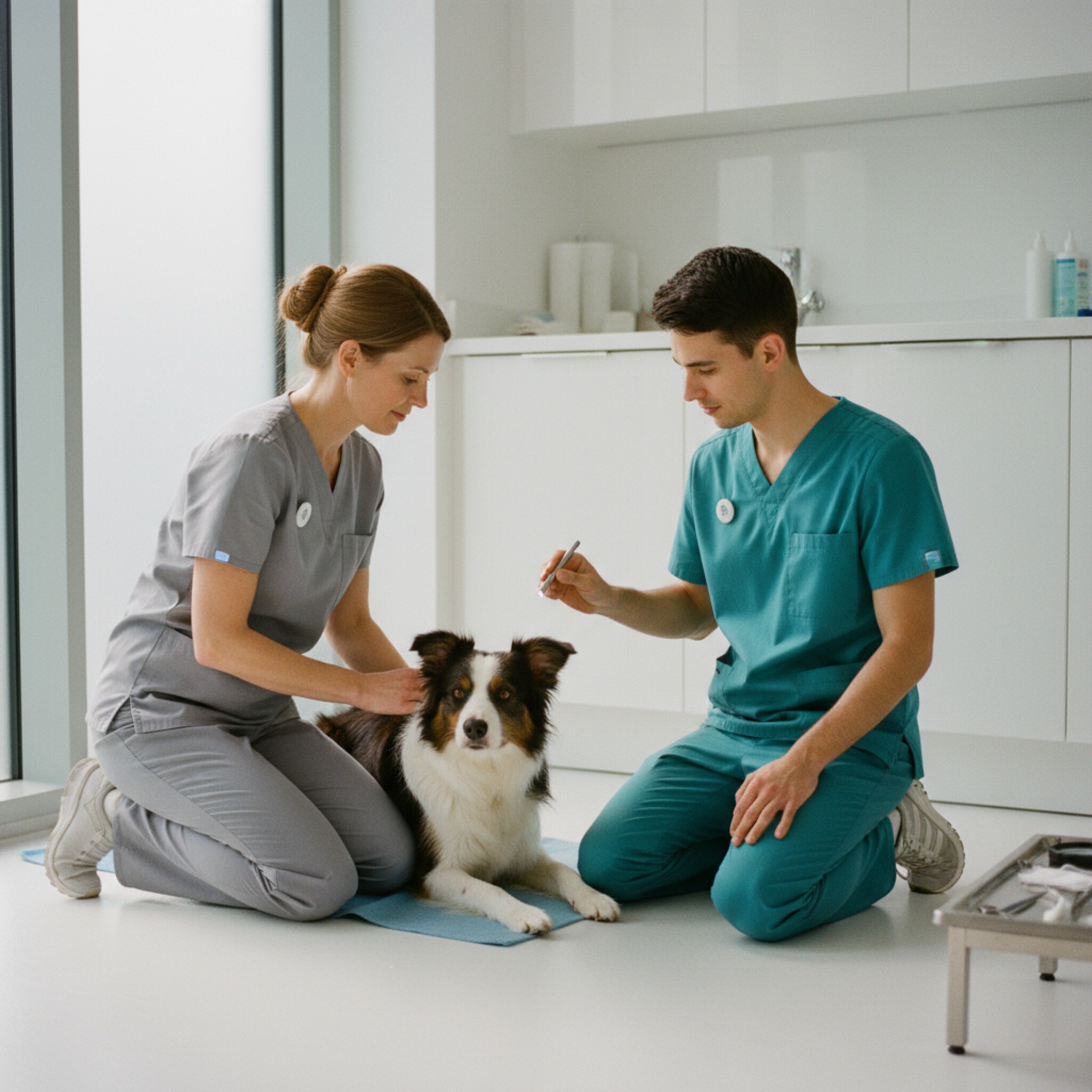 Ein Tierarzt kniet neben einem aufgeregten Border Collie im Behandlungszimmer, legt beruhigend eine Hand auf die Schulter des Tieres und prüft sanft das Ohr mit einer Lampe. Eine Assistentin reicht behutsam eine sterile Pinzette. Sonnenlicht fällt durch das Fenster, leise Schatten auf dem weißen Boden. Die Szene wirkt konzentriert, ruhig und vertrauensvoll.