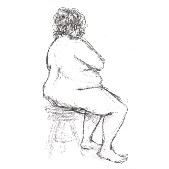 Life drawing of a corpulent woman sitting on a stool