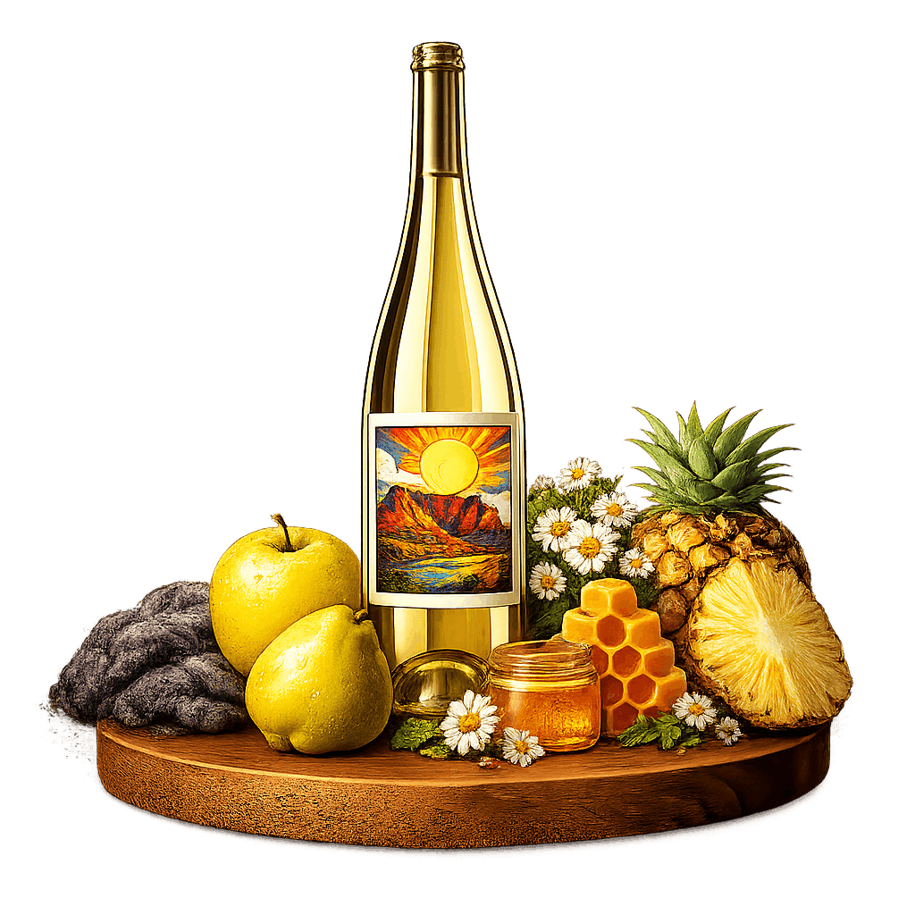 Artistic label and flavor profile for South African Chenin Blanc on a rustic wooden table.