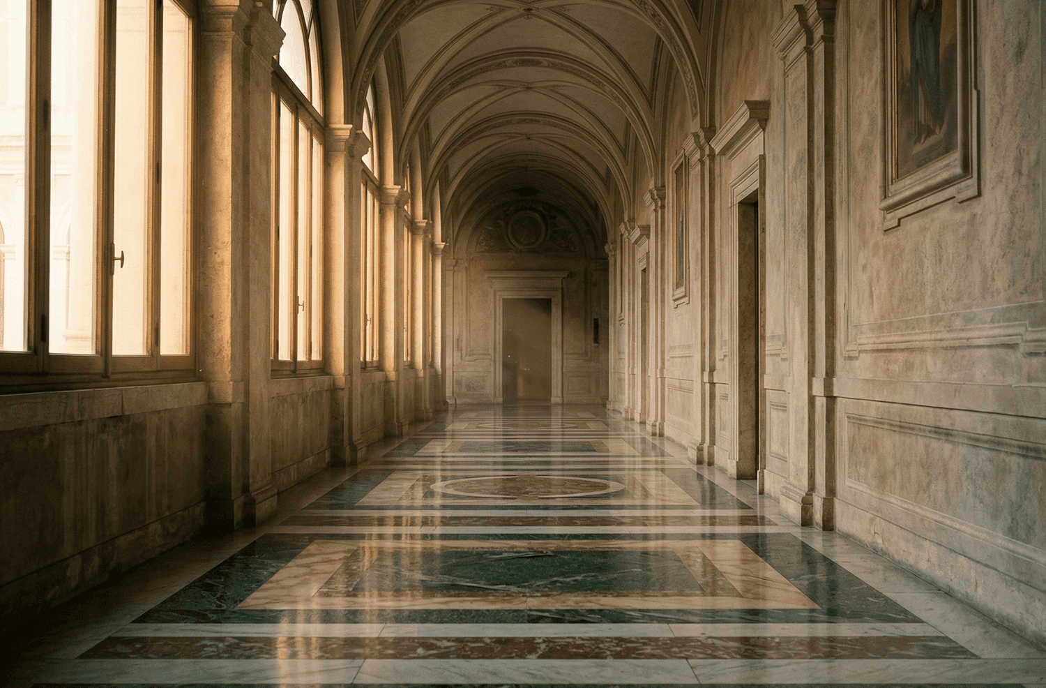 empty historic corridor with soft light, private palazzo interior Italy