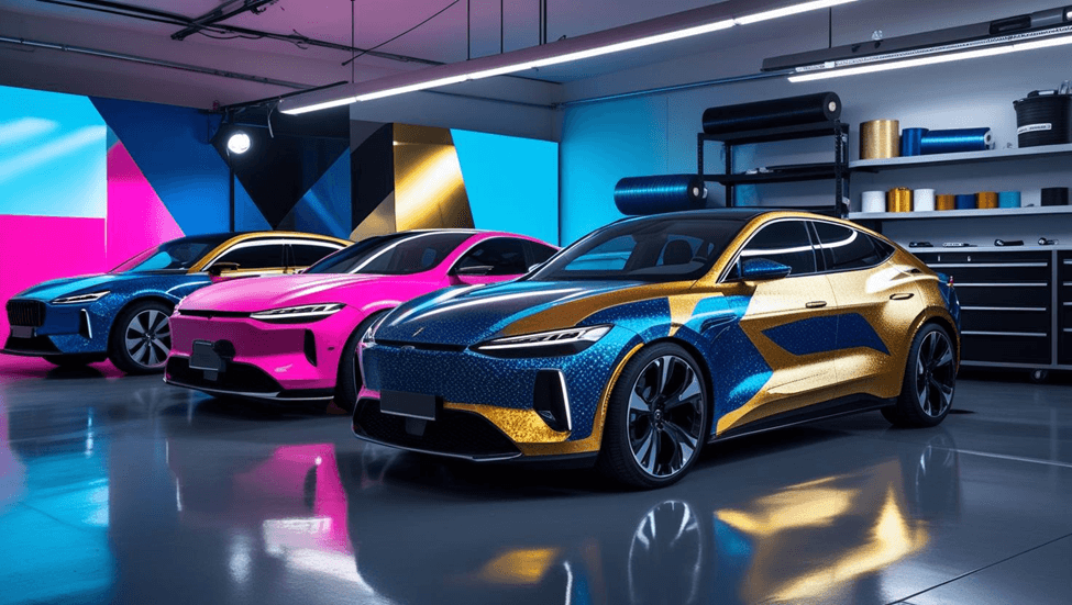 Futuristische Autos in einer modernen Garage mit auffälligen und lebendigen Foliendesigns und den wichtigsten Fahrzeug-Styling-Trends des Jahres 2025