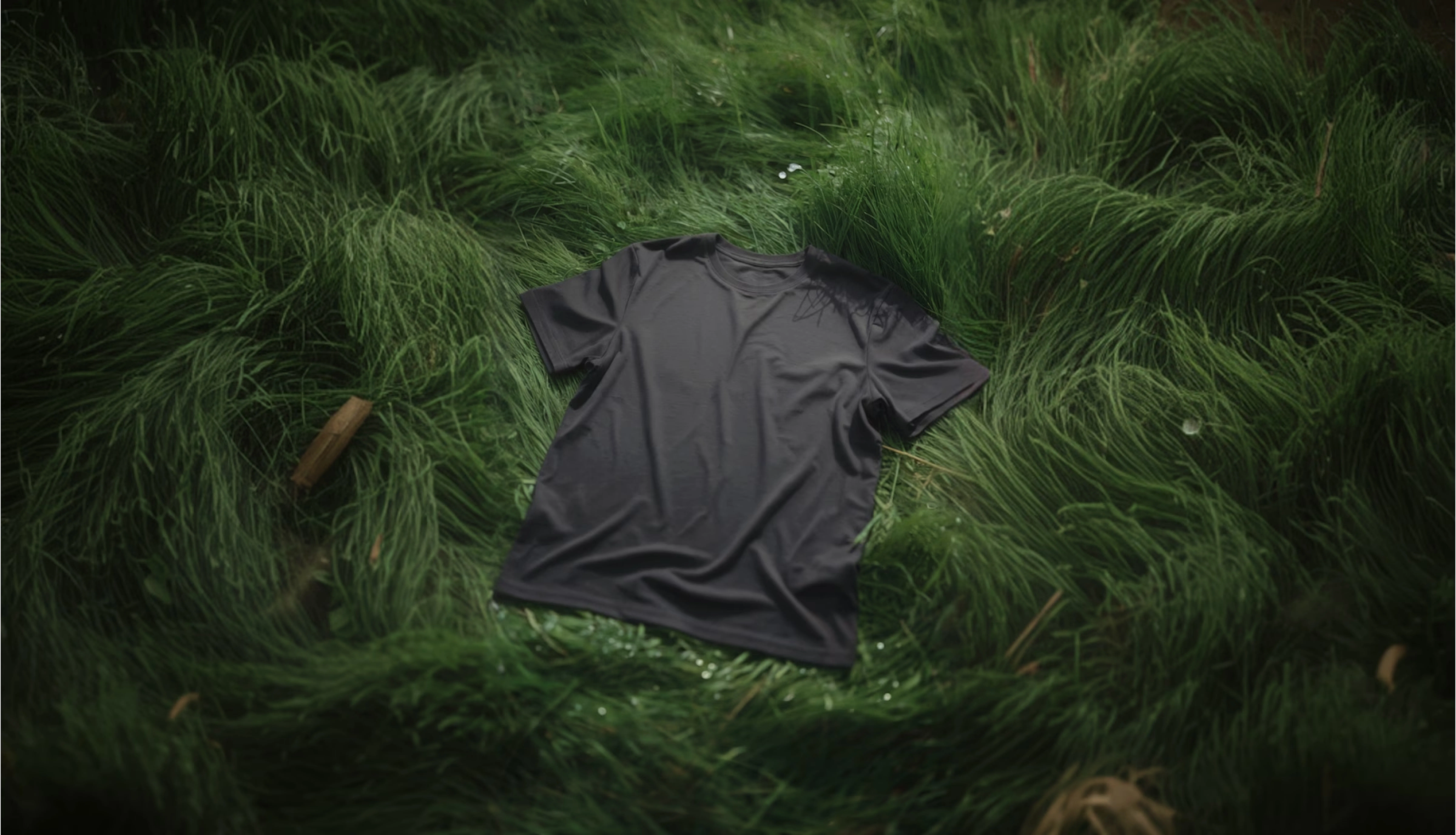 Black t-shirt on wet grass