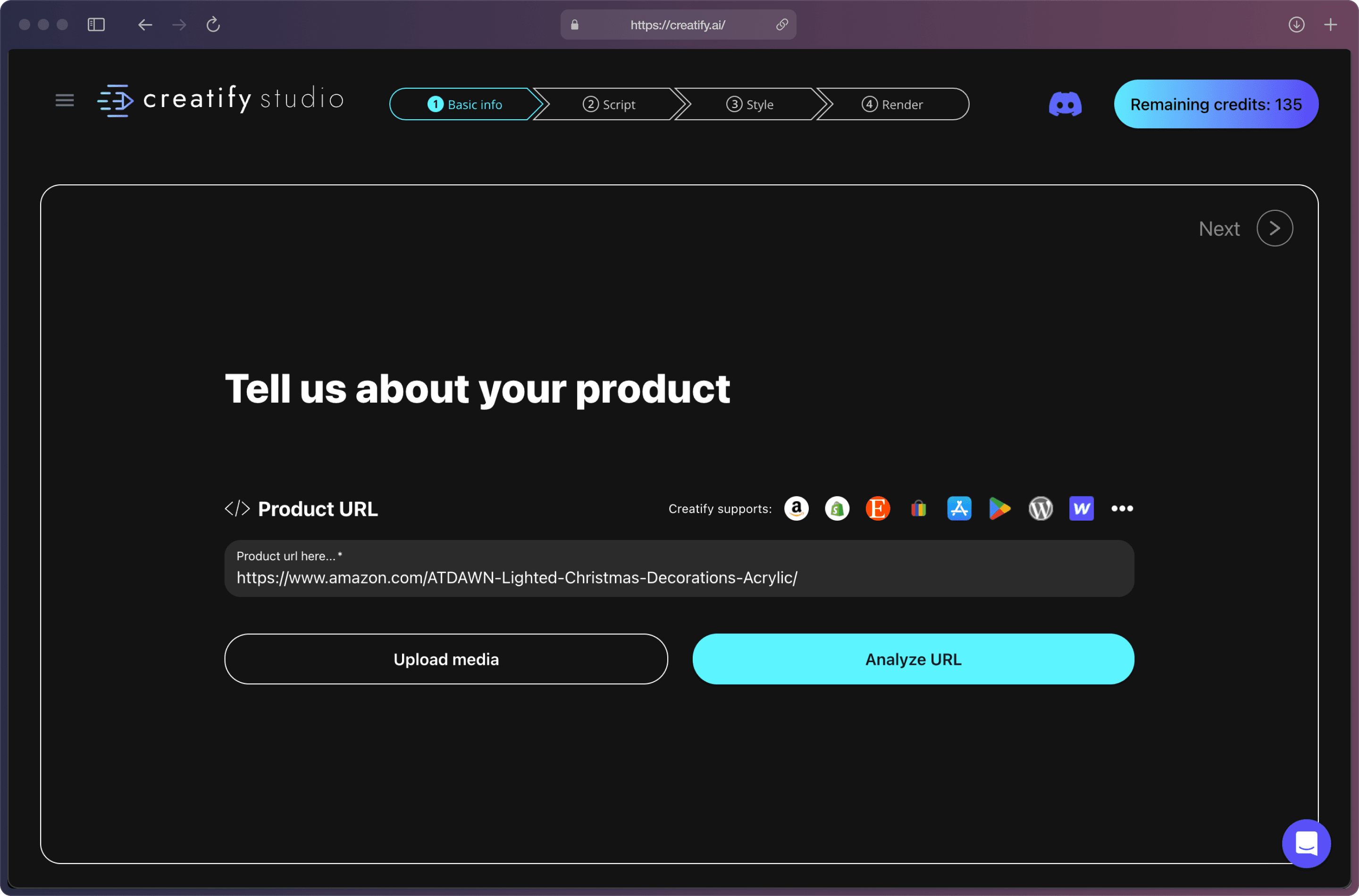 A screenshot of Creatify AI app on the “Tell us about your product” page with an e-commerce product’s website link pasted into the “Product URL” bracket.