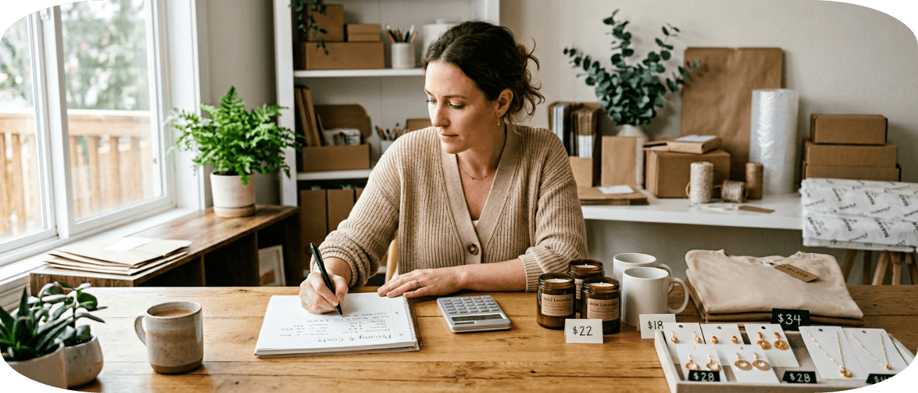 Etsy seller calculating product pricing, costs, and profit margins with handmade items and pricing labels on display.