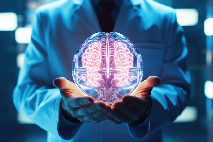 a futuristic doctor holding 3d glowing human brain in his hand