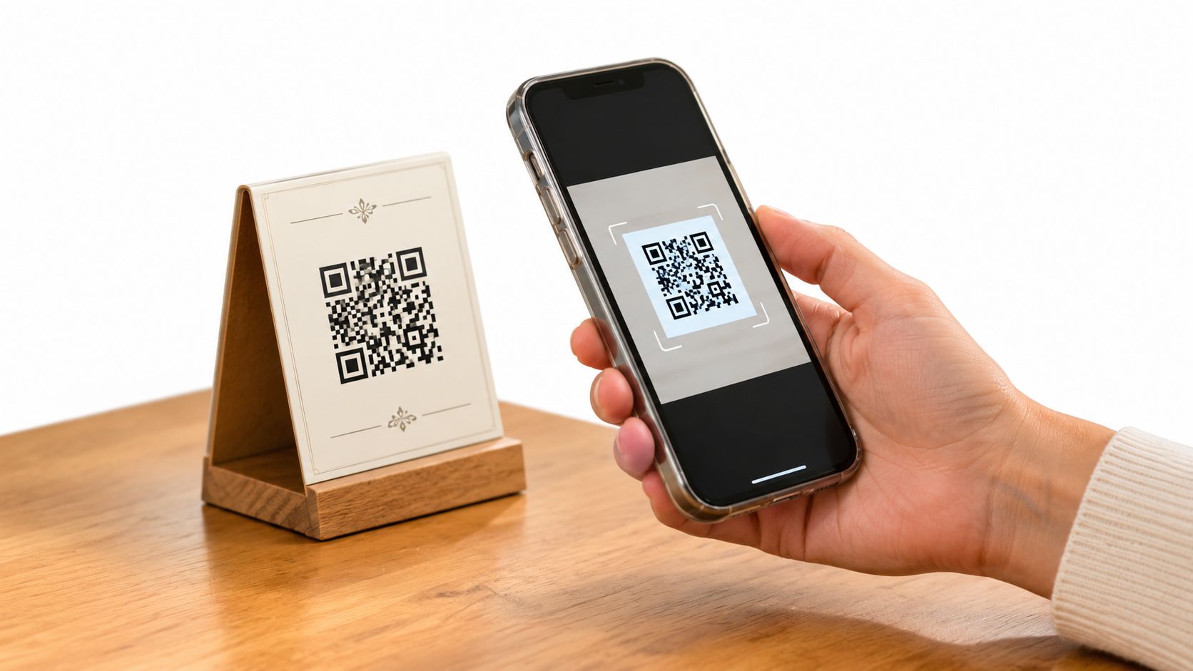 Una mano sosteniendo un smartphone para escanear un código QR colocado en un soporte de madera.