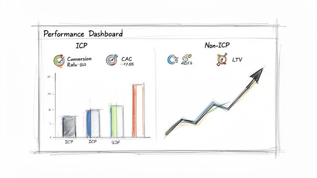 Hand-drawn performance dashboard presenting ICP and Non-ICP sales metrics with charts and growth trends.