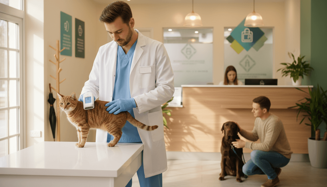 Vet gently scanning a cat’s shoulder with a handheld microchip scanner in a modern UK reception area; dog with owner nearby.