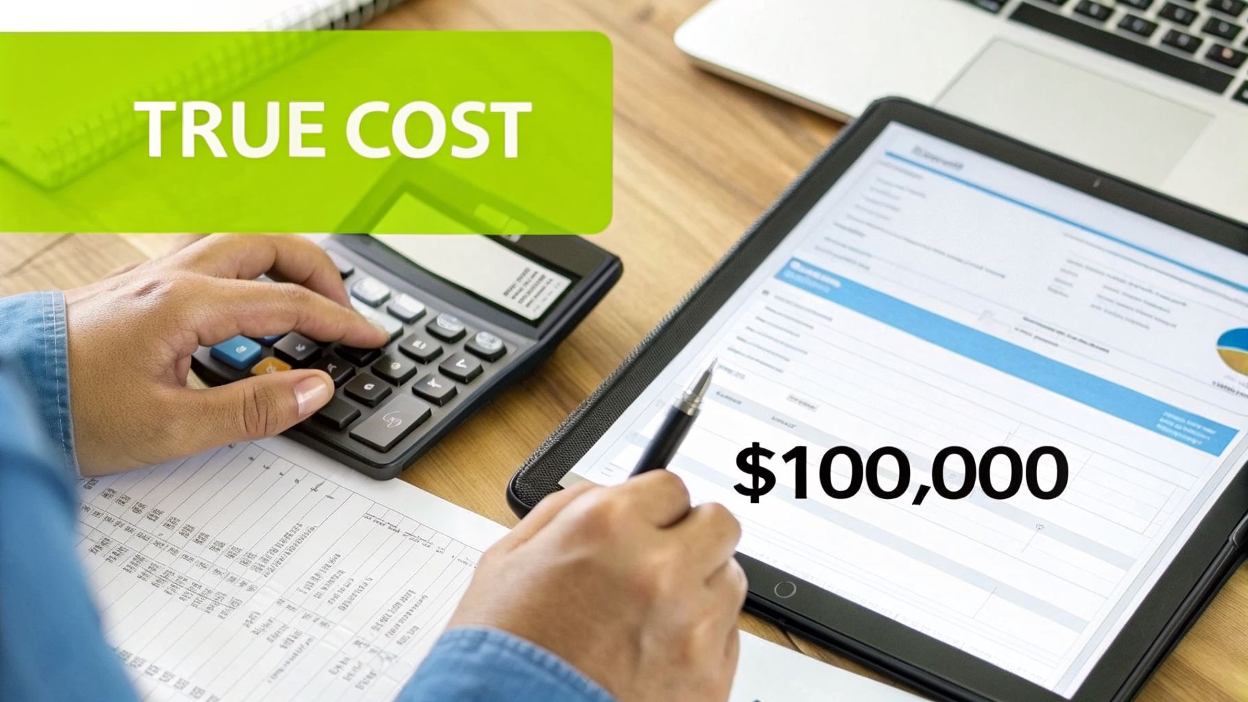 A person uses a calculator while reviewing financial data displaying a true cost of $100,000.