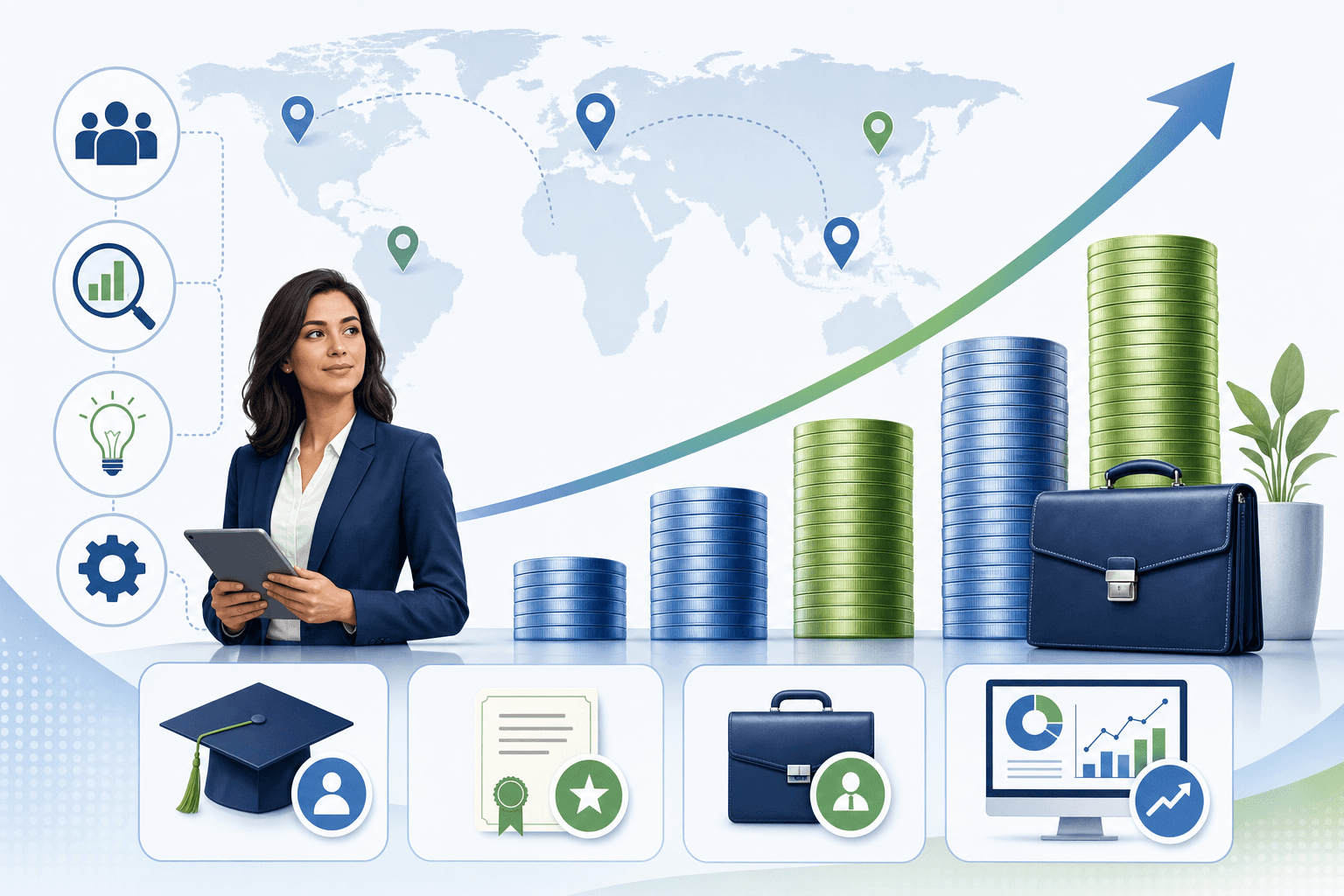 Professional infographic-style illustration showing salary and compensation concepts for business analysts, including stacks of coins of varying heights, location pin markers on a subtle map background, briefcase icon, graduation cap symbol, and upward trending chart elements, clean modern business aesthetic, soft blue and green color palette, organized layout suggesting different factors affecting pay