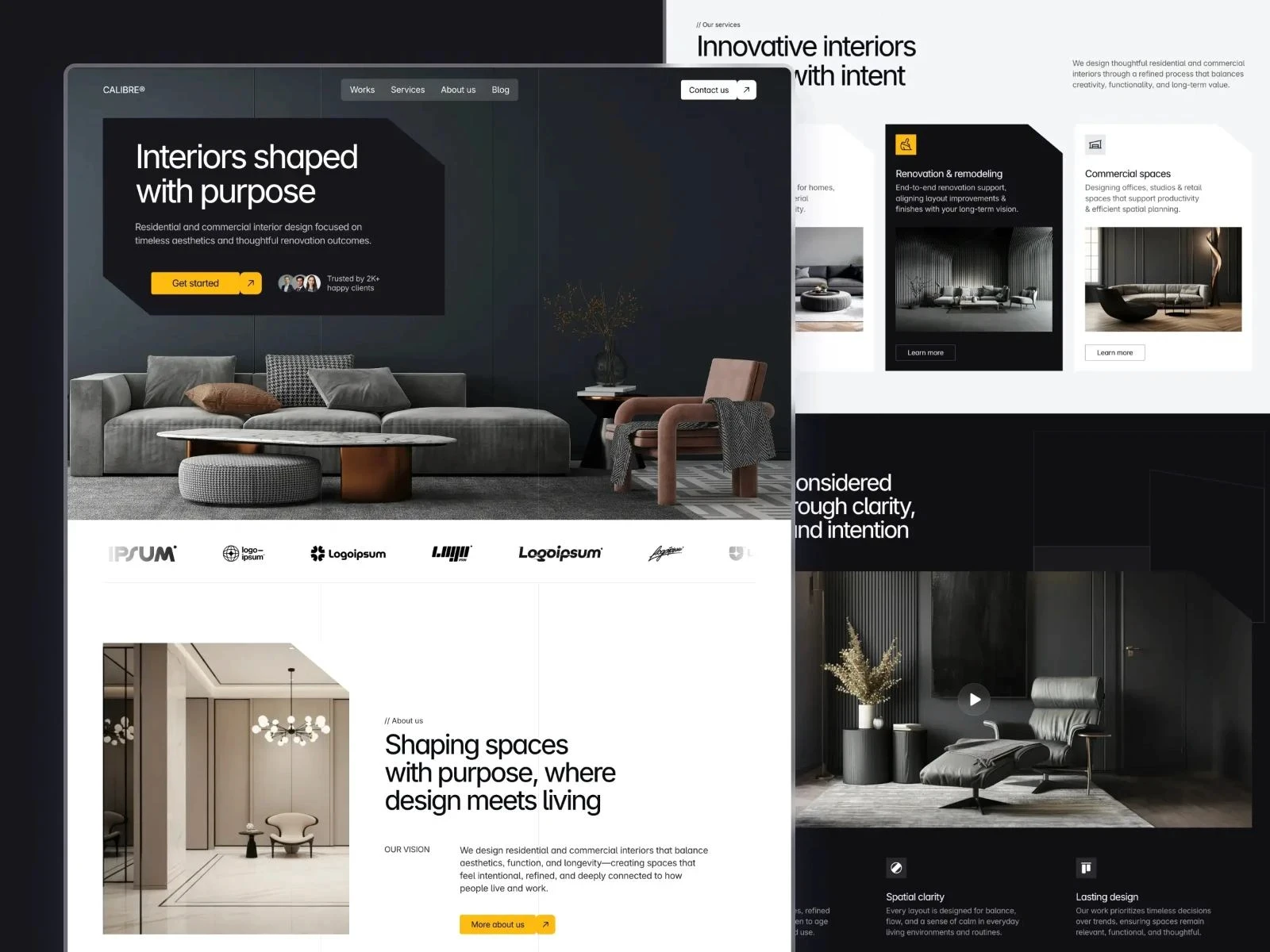 Calibre architecture and design website template with dark-themed interior pages, service sections, and about us layout.