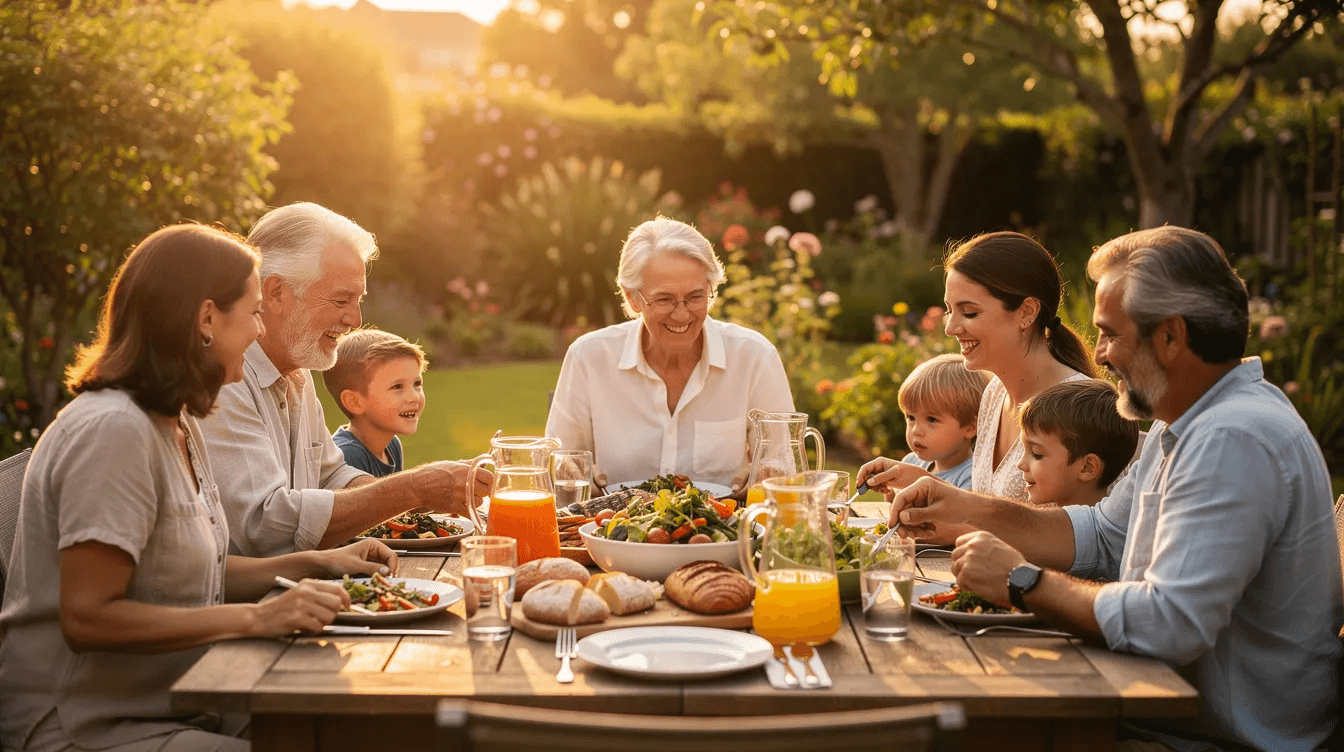 A multigenerational family is gathered around a table outdoors, enjoying a meal bathed in warm golden light, symbolizing the importance of shared moments and consistent habits in personal growth. This scene reflects how seemingly insignificant actions, like family gatherings, can lead to lasting success and extraordinary results over time.