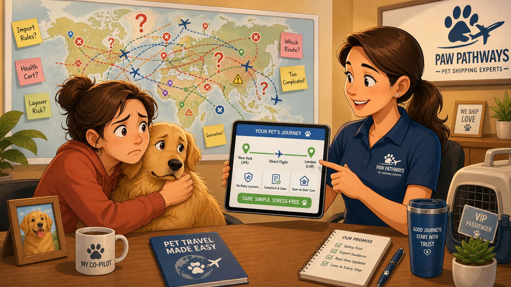 A concerned pet owner consults a friendly Paw Pathways expert about shipping her dog internationally.