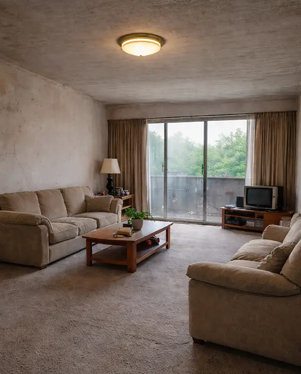 Καθιστικό πριν την ανακαίνιση με φθαρμένους τοίχους, παλιά επίπλωση και έλλειψη λειτουργικότητας