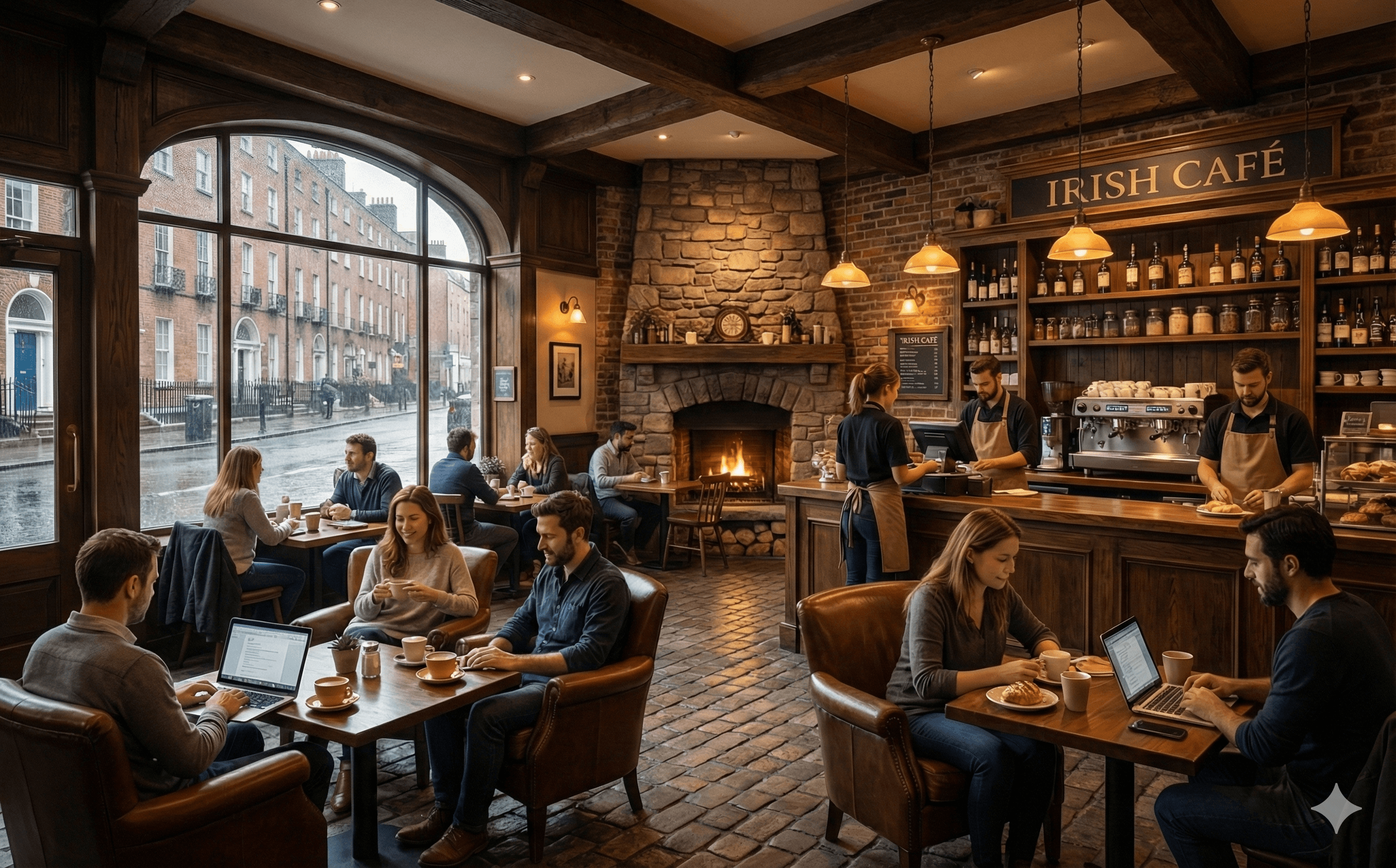 Customers sitting inside a warmly lit café with wooden furniture, brick walls, and a bar counter.
