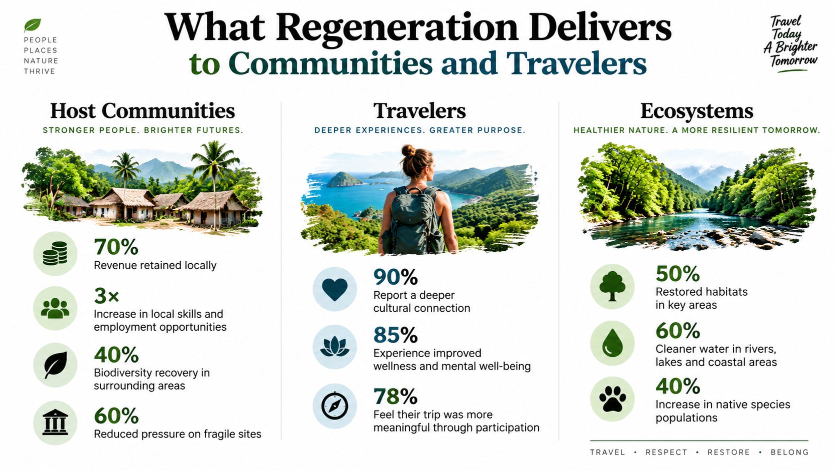 An infographic showing the benefits of regenerative tourism for host communities, travelers, and local ecosystems.
