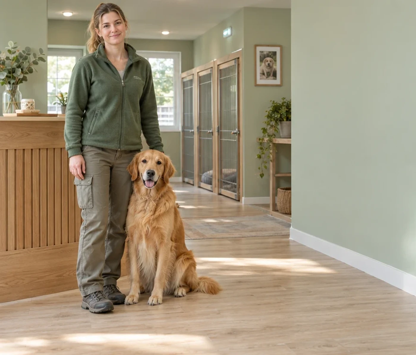 Caregiver with a dog at boarding reception