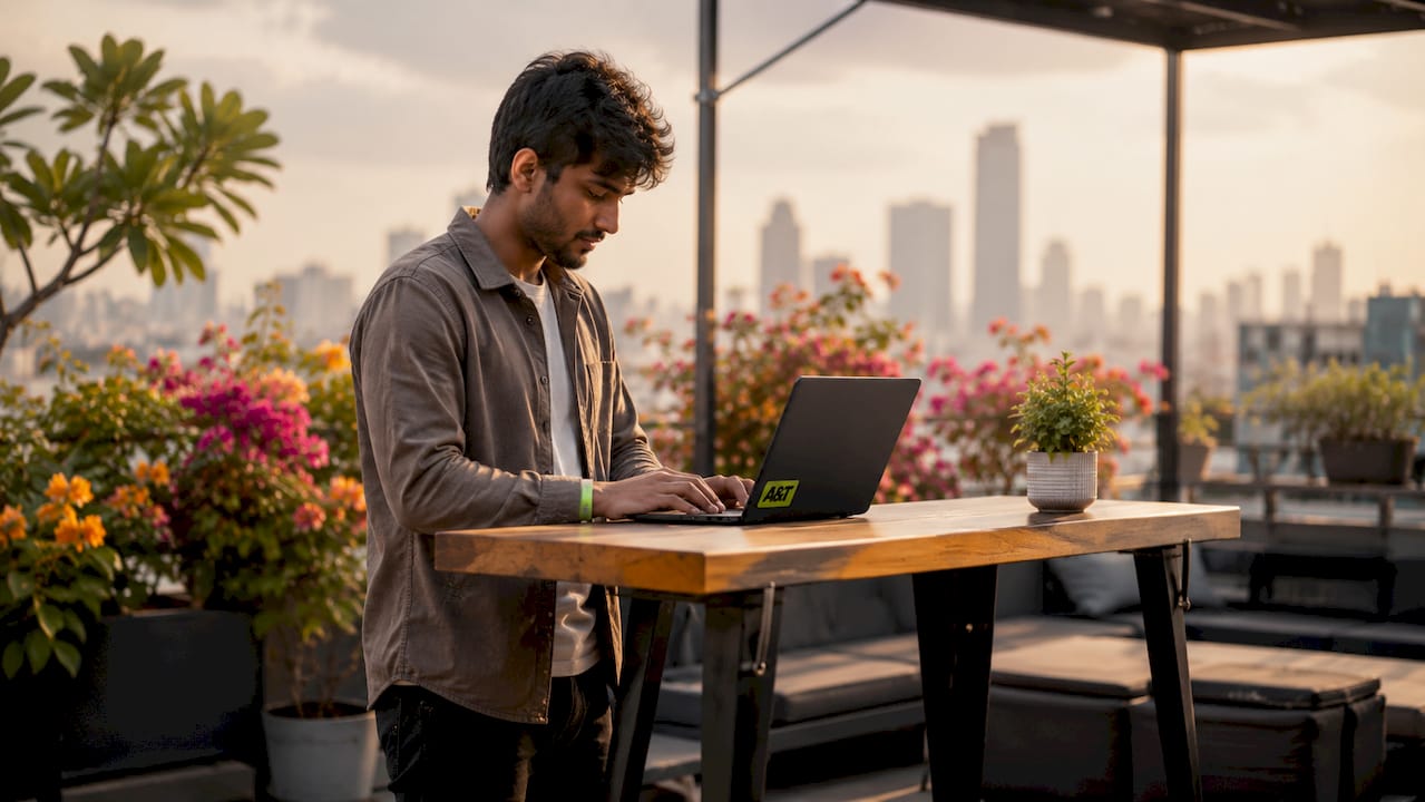 Digital marketer analyzing campaign data on laptop at standing desk
