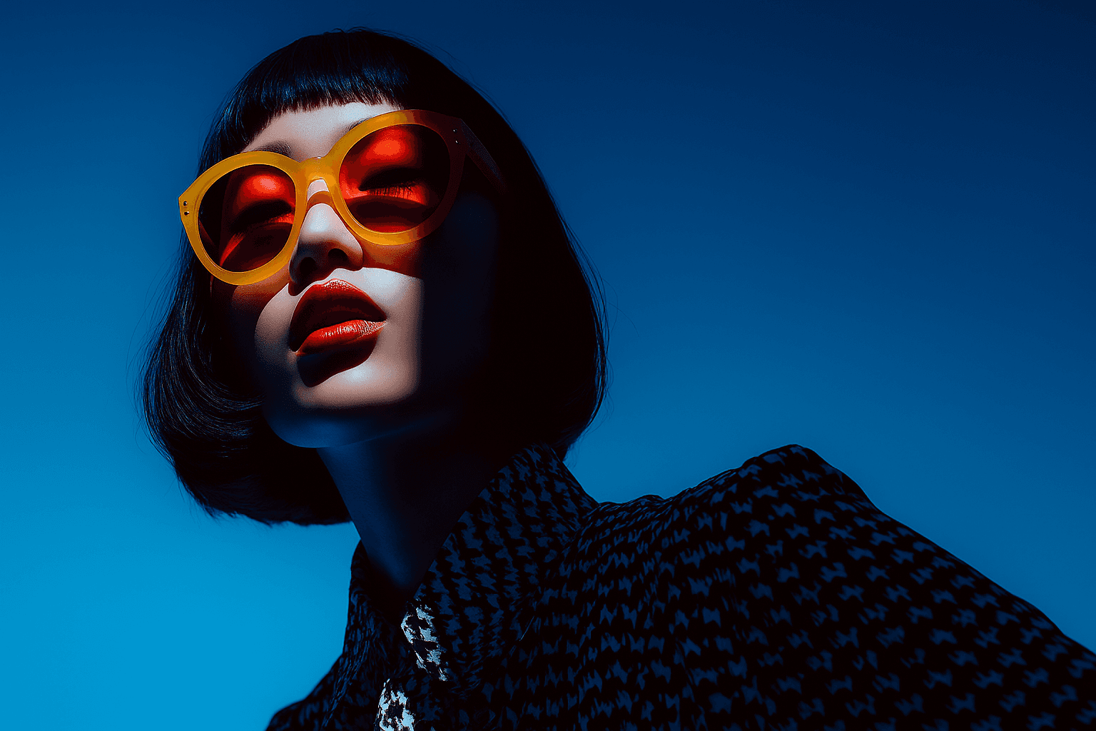 Woman wearing orange sunglasses against dark blue background