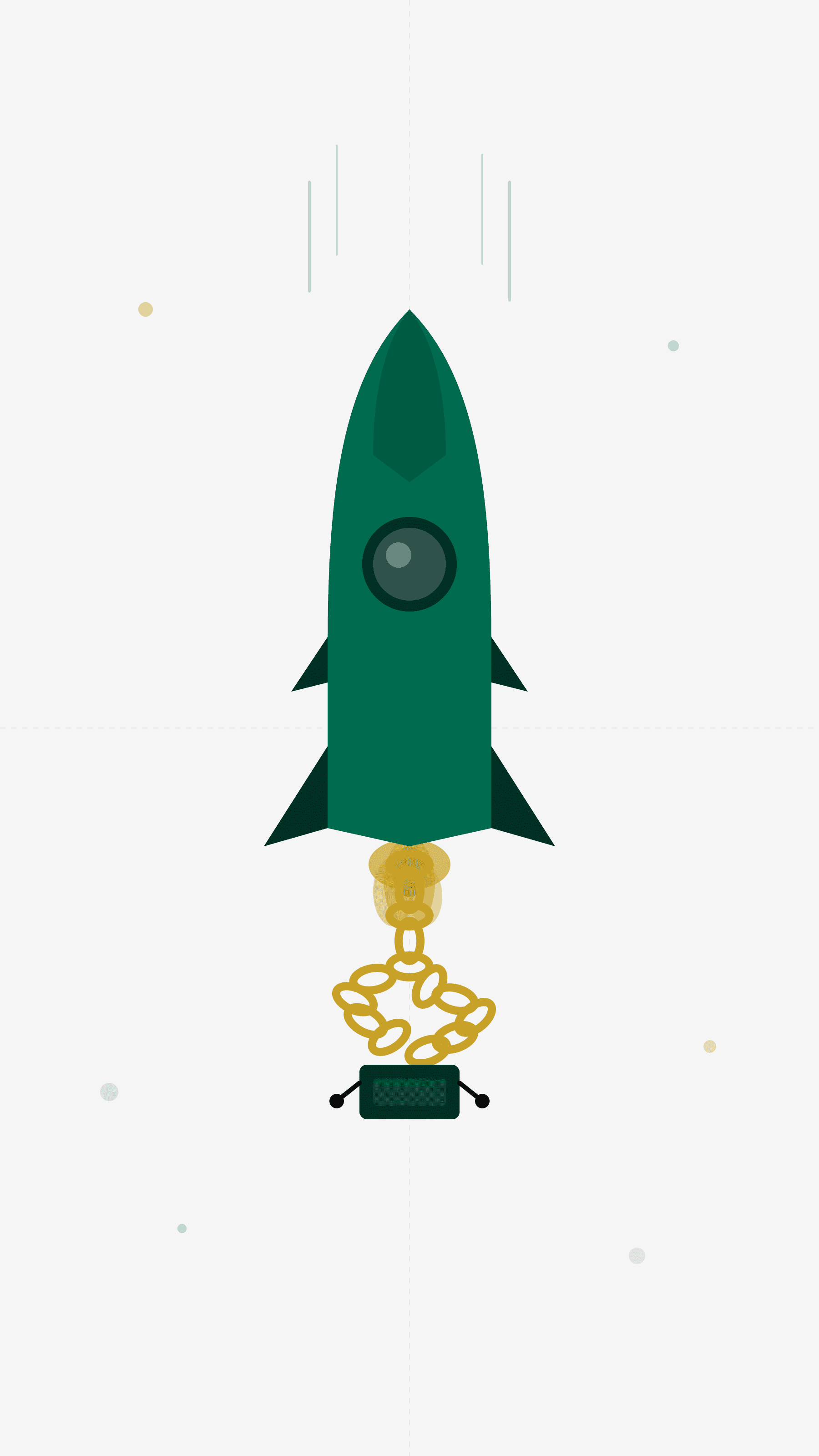 Brand illustration of a green rocket launching but anchored by a tangled gold chain, representing AI speed constrained by systemic delivery problems