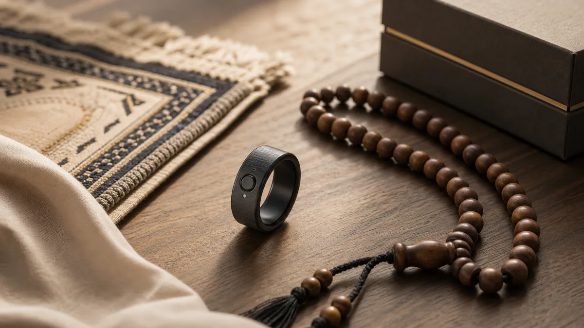 Smart tasbih ring with misbaha and gift box on a warm prayer mat setting