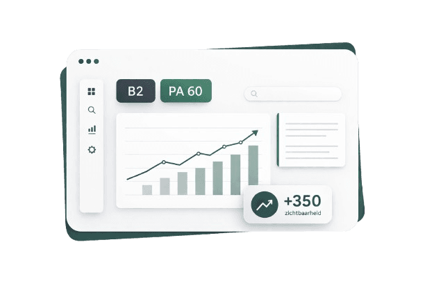3D illustration of an SEO analytics dashboard showing metrics like PA 60 and B2, with a magnifying glass, bar chart, target, checkmarks, and growth icons displayed on a rounded card interface.