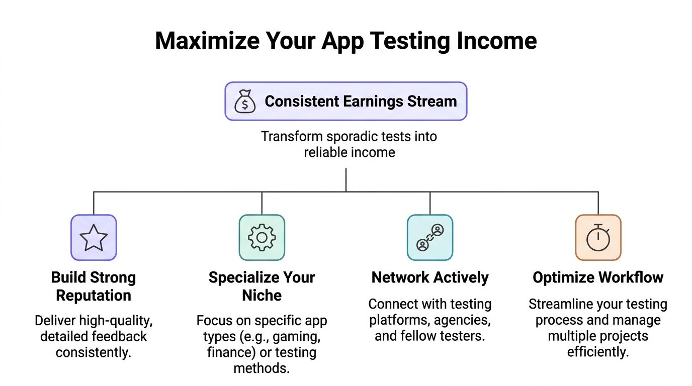 A flowchart infographic showing four key strategies to maximize income while testing mobile apps professionally.