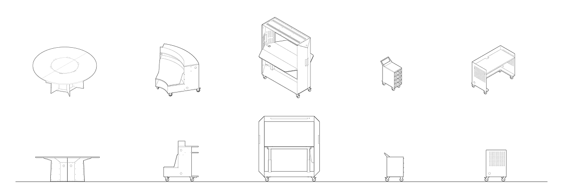 Übersicht aller SCOPE Elemente in Ansicht und Perspektive, darunter Transformationswände, Pultbänke und Tische – modulares Micro-Architecture-System gestaltet von Design for Human Nature in Hamburg.