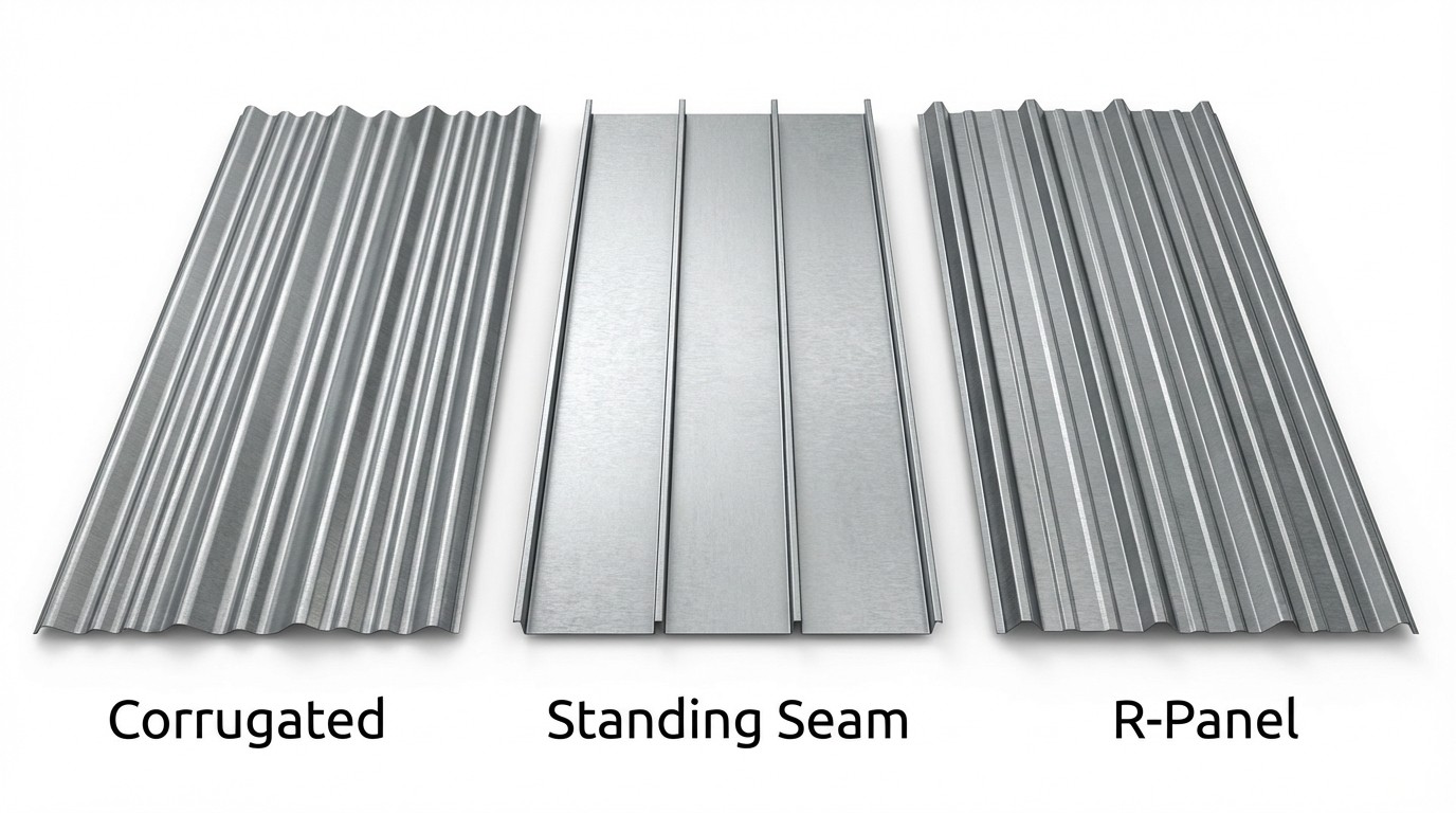 Comparison of Corrugated, Standing Seam, and R-Panel metal roofing profiles showing rib shapes.