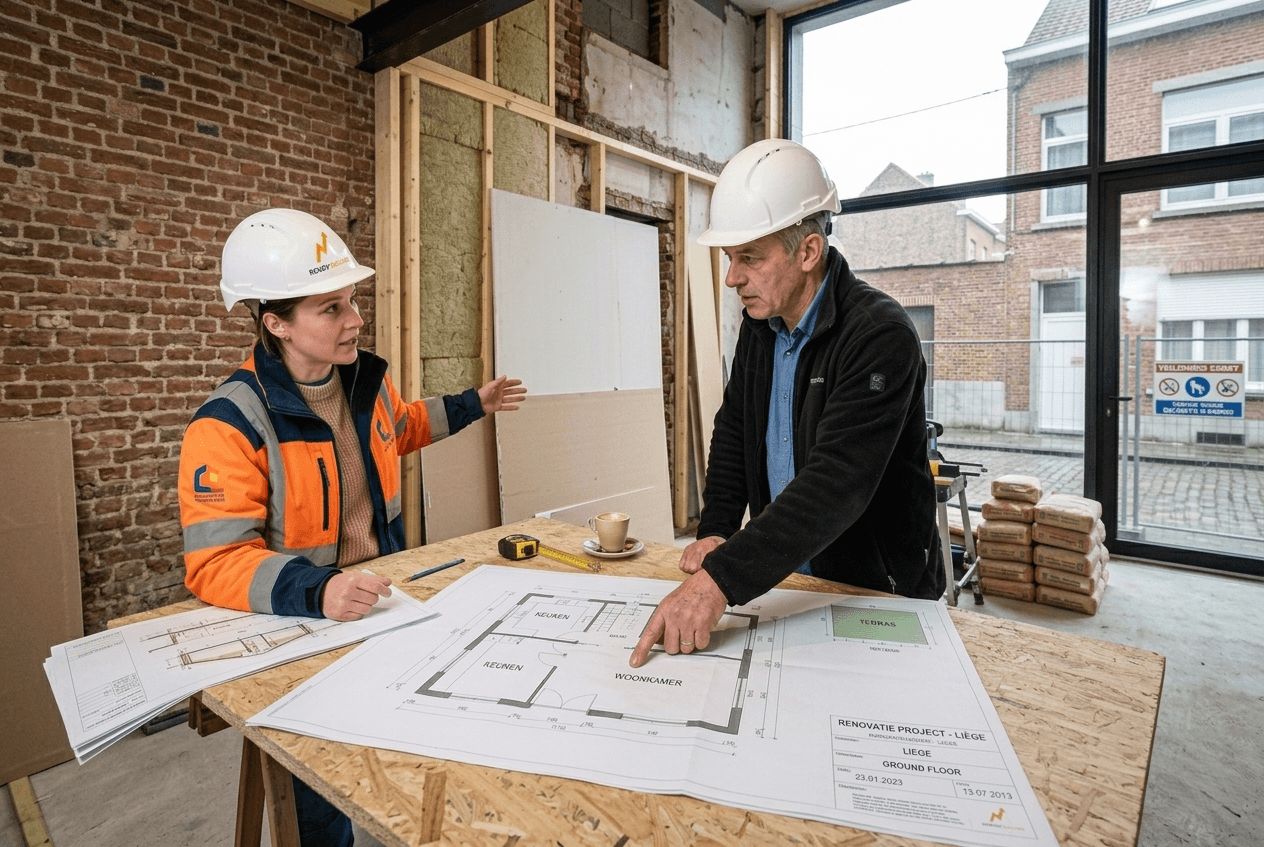 Suivi de chantier rénovation à Liège avec analyse des plans et coordination des travaux