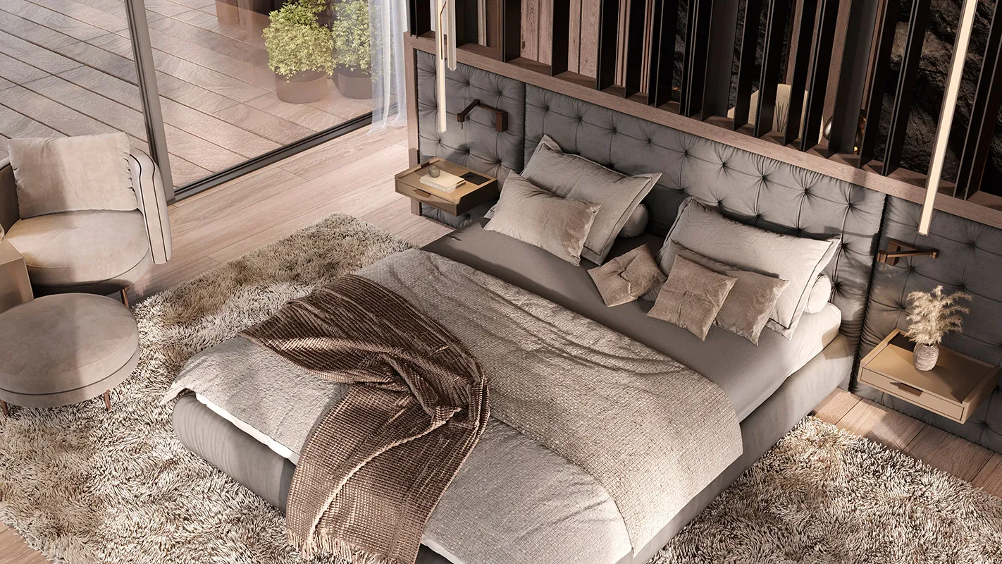 Peakside Chalets Cyprus bedroom with tufted headboard, layered bedding, and textured rug in a neutral palette