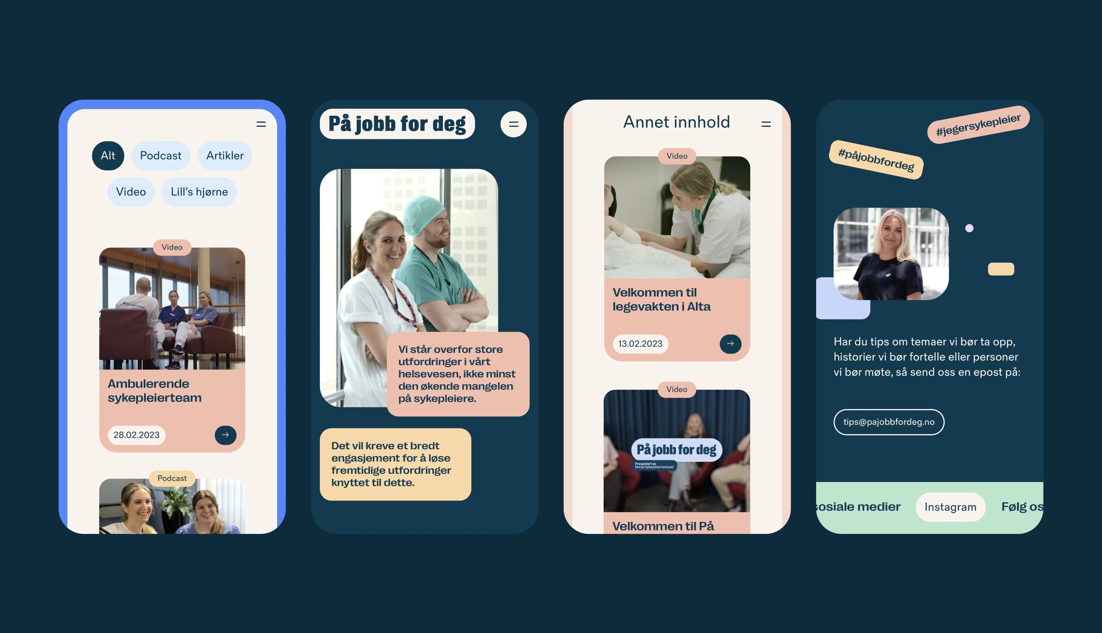 A row of four mobile website designs for "På jobb for deg".