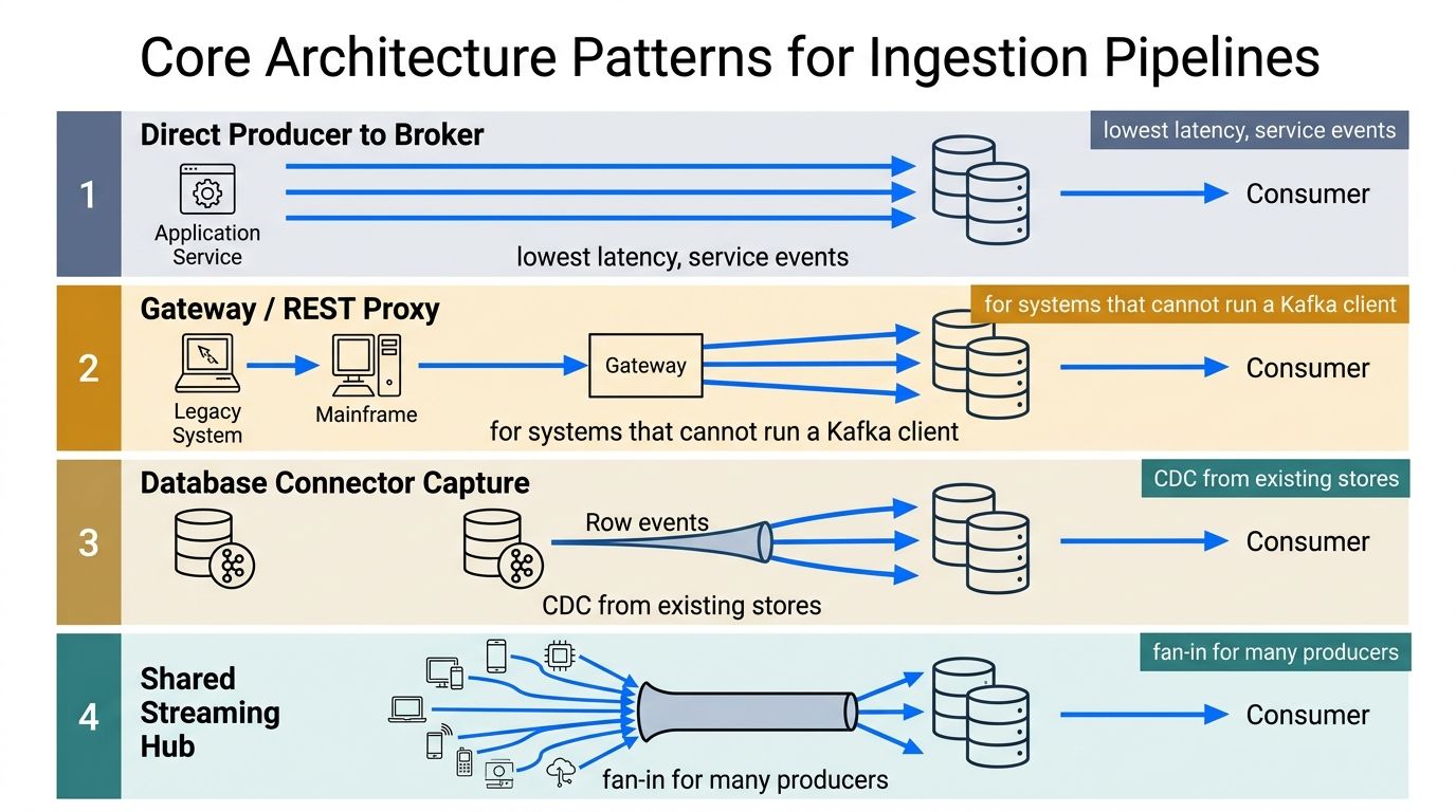 A diagram illustrating four core architecture patterns for data ingestion pipelines into systems like Apache Kafka.