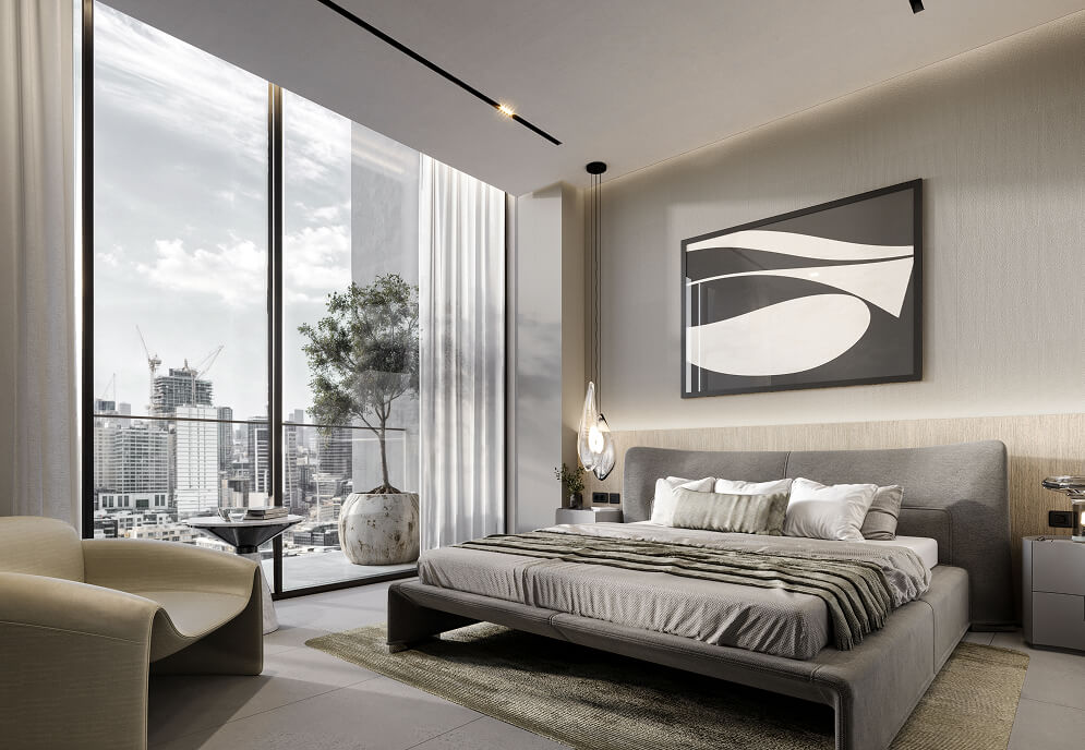 The Norah residence showcases a contemporary bedroom with expansive windows offering a stunning city view.