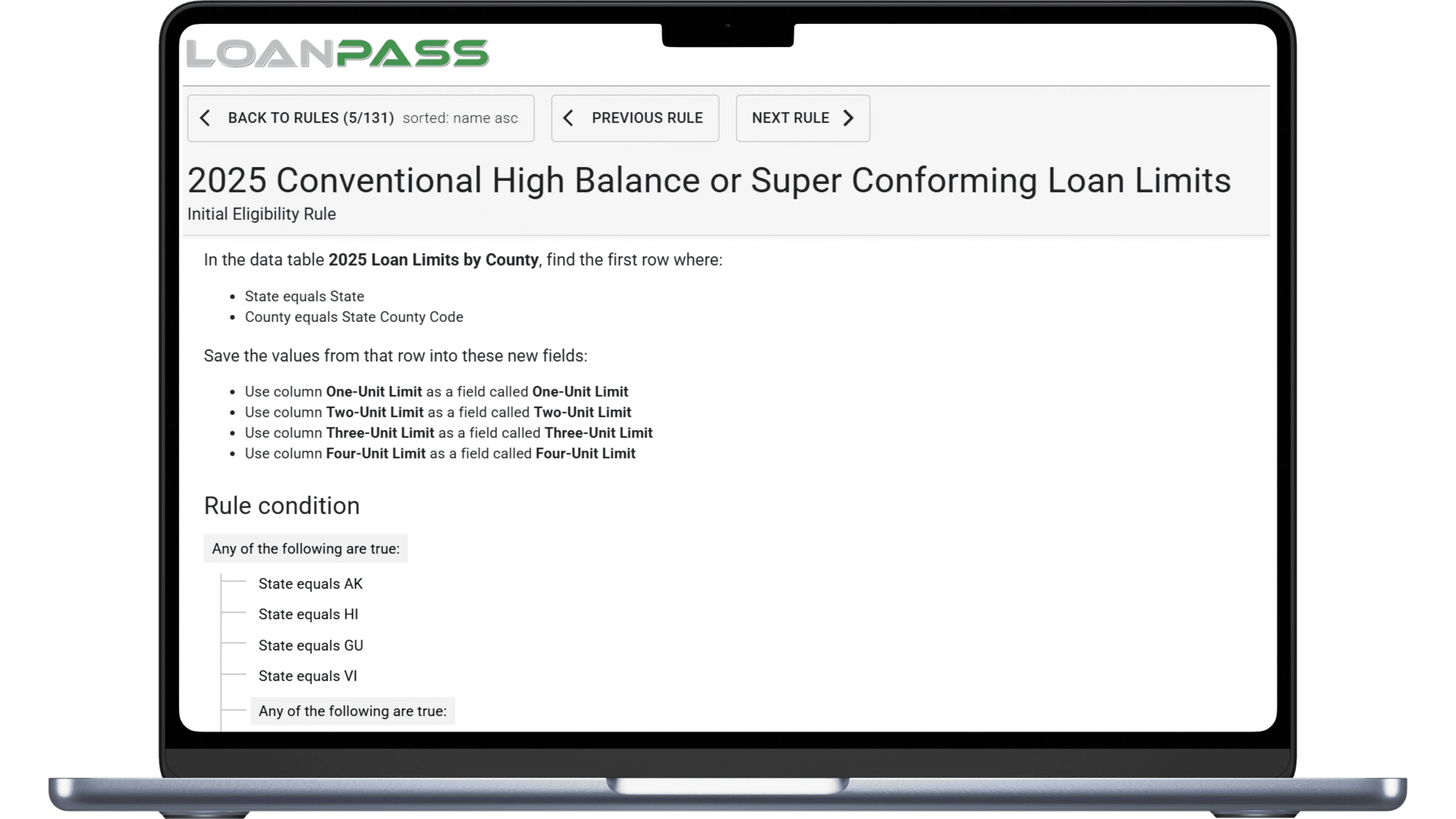 A laptop screen displaying LoanPASS' rule screen.
