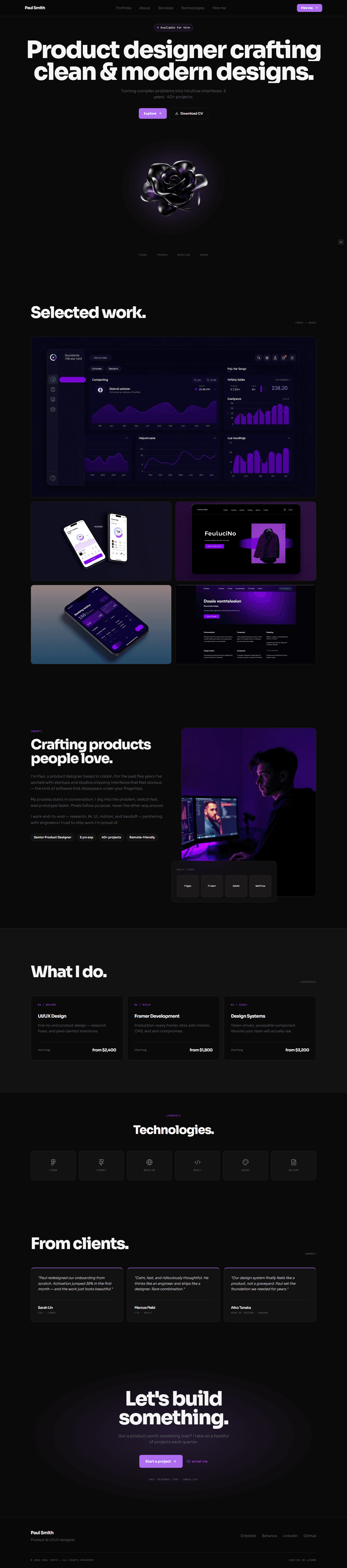 Designer portfolio website prompt full preview — near-black #0a0a0a background with purple #a855f7 accent, Sora 800 hero headline with clip-path line-by-line reveal animation, floating glossy 3D abstract sculptural object with purple glow below headline, five-project asymmetric work grid with first card spanning full width showing project screenshot and hover overlay, and three service cards with purple glow on hover and JetBrains Mono pricing