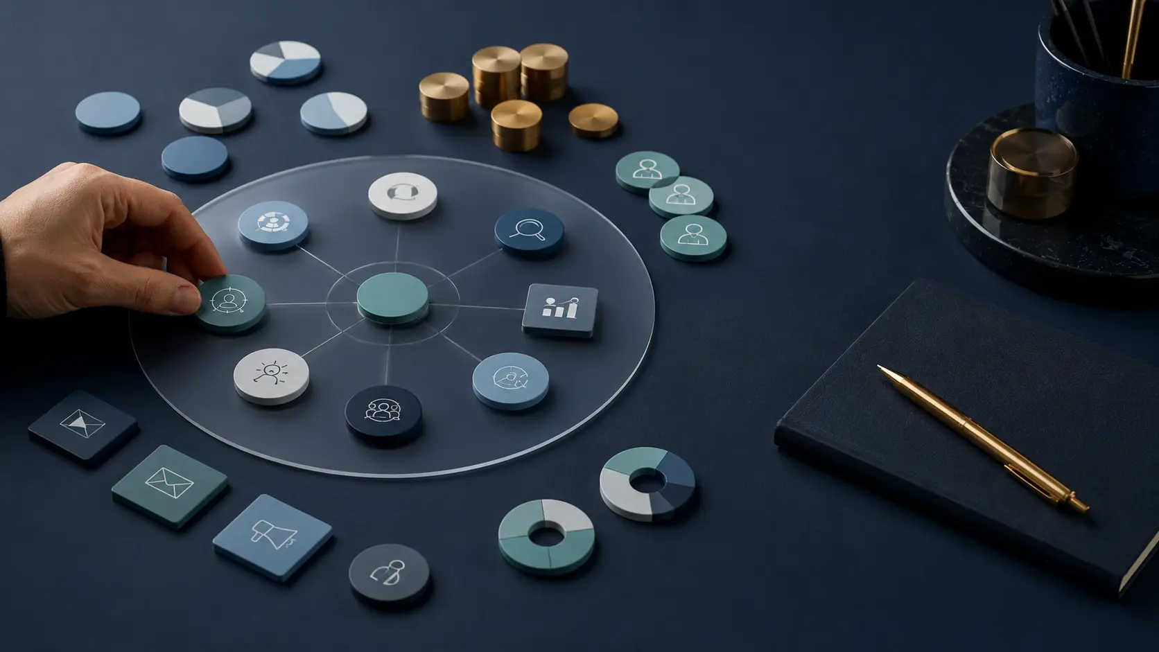 A hand aligns abstract marketing channel and audience markers around one central strategy map on a dark planning table.