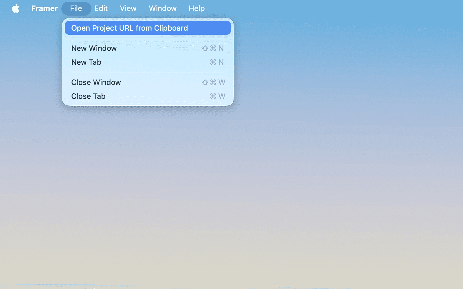 Framer desktop app on Mac showing the File menu with “Open Project URL from Clipboard” highlighted.