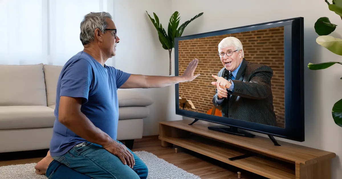 Illustrasjonsbilde av en mann som legger sin hånd på TV-en mens Svein-Magne Pedersen ber og preker.