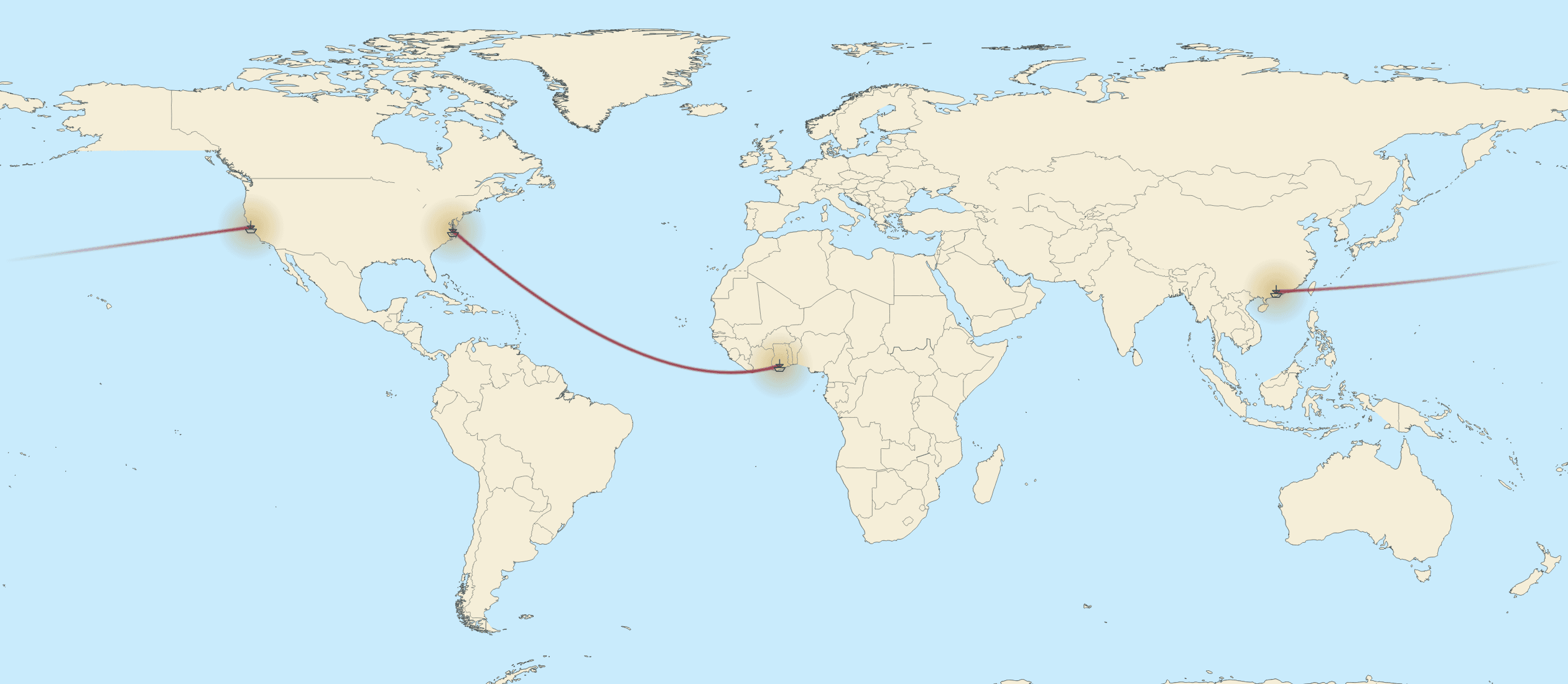 Map showing the transatlantic route from West Africa to the North American coast, and the trans-Pacific route from South China to California
